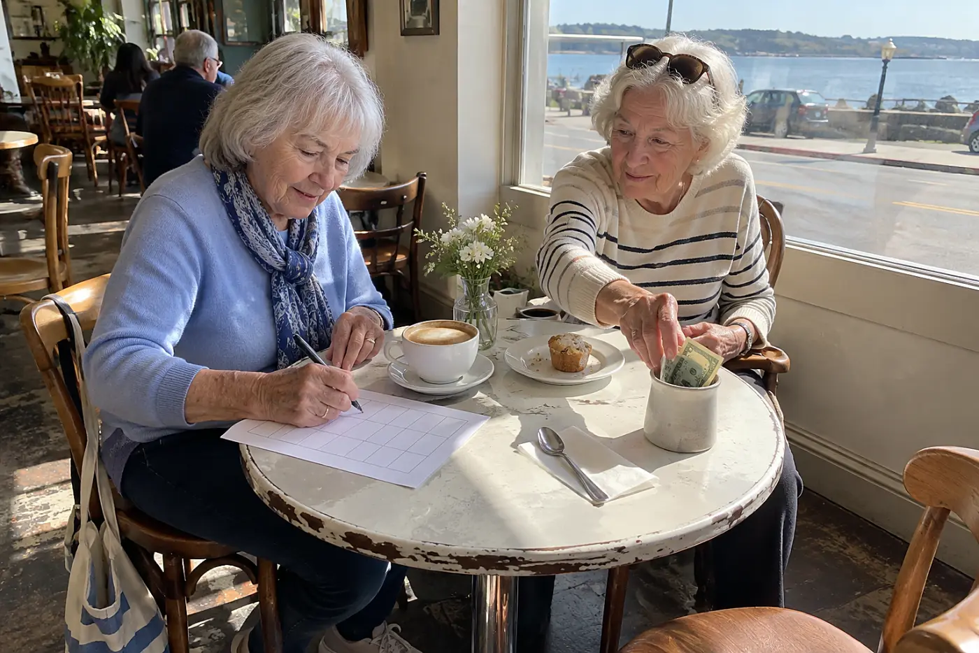 Older woman crossing an optional activity off a paper itinerary at a café.