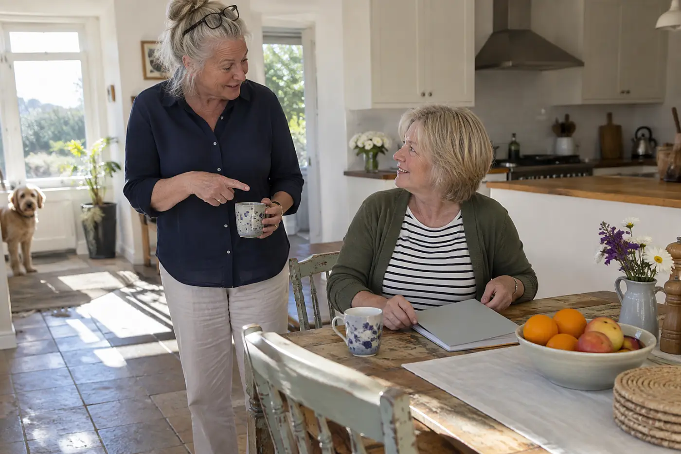 Older woman writing holiday plans on a calendar in her kitchen.