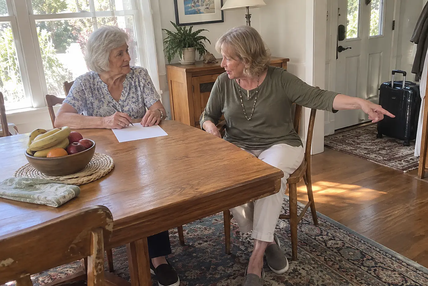 Older woman reviewing a one-page travel plan with her chosen contact at a dining table.