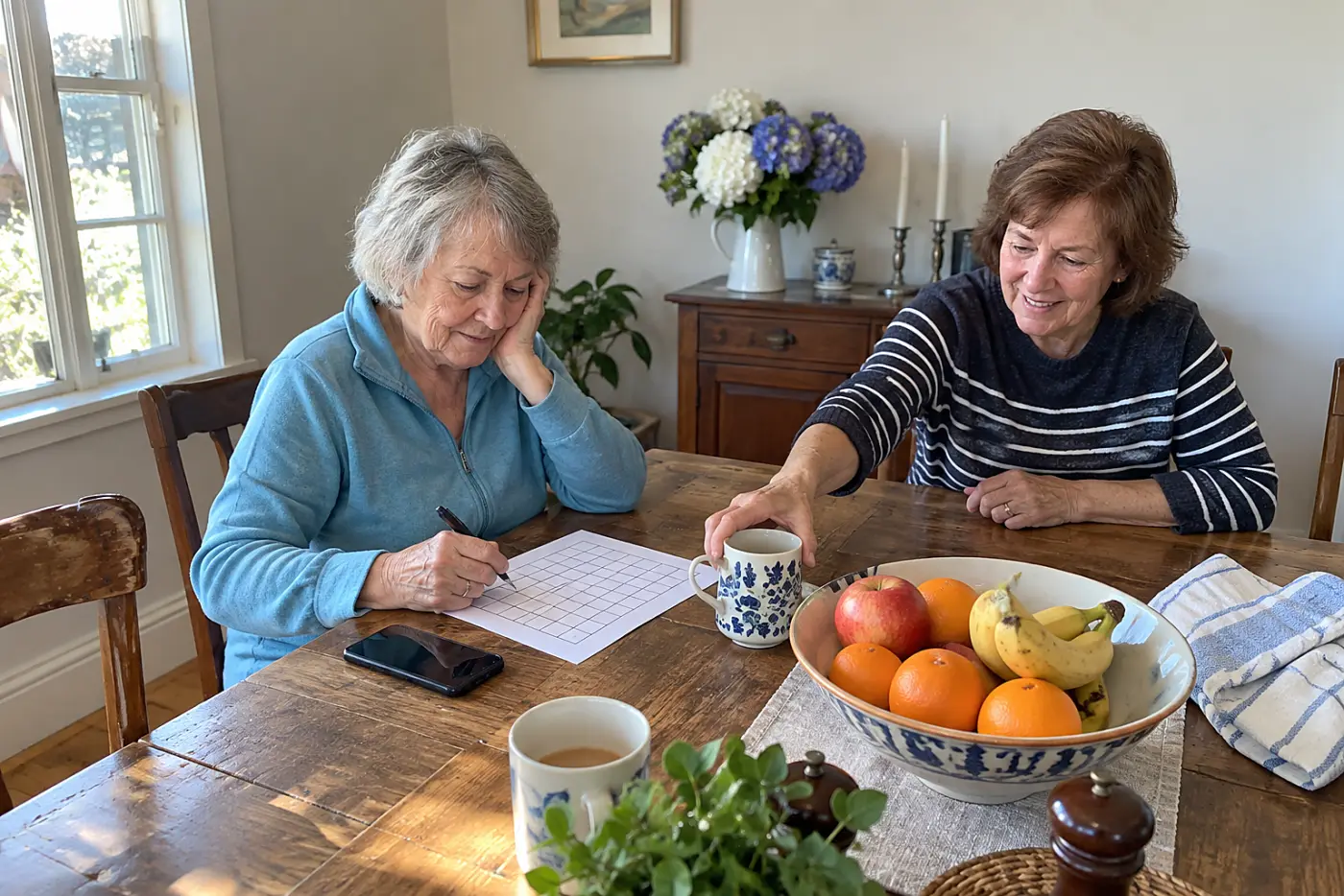 Older woman writing planned travel updates on a calendar beside her phone.