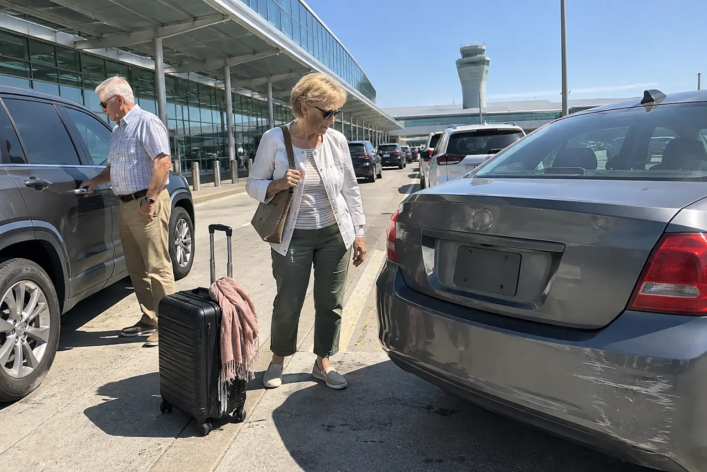 Older woman checking a car's license plate outside an airport terminal.