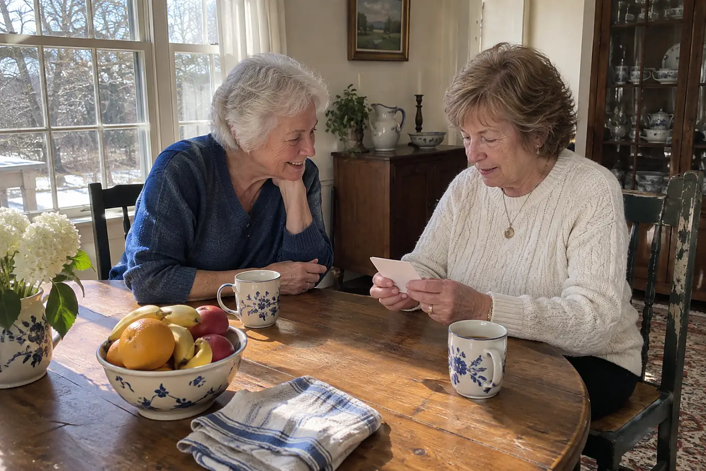 Older woman reading an insurance card at her dining room table.