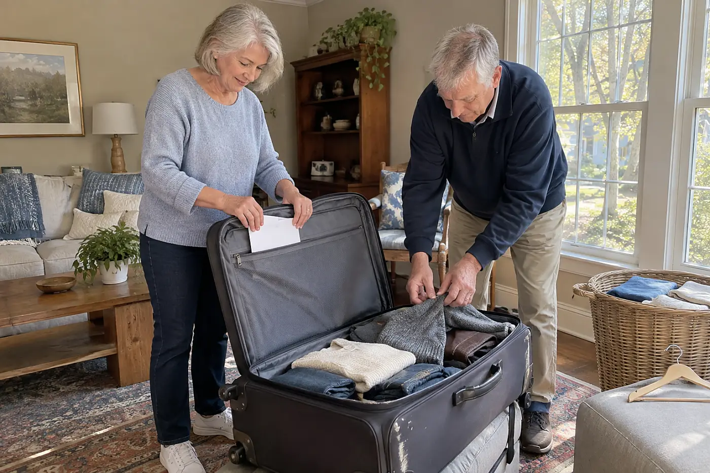 Older woman placing a passport copy in a suitcase pocket at home.
