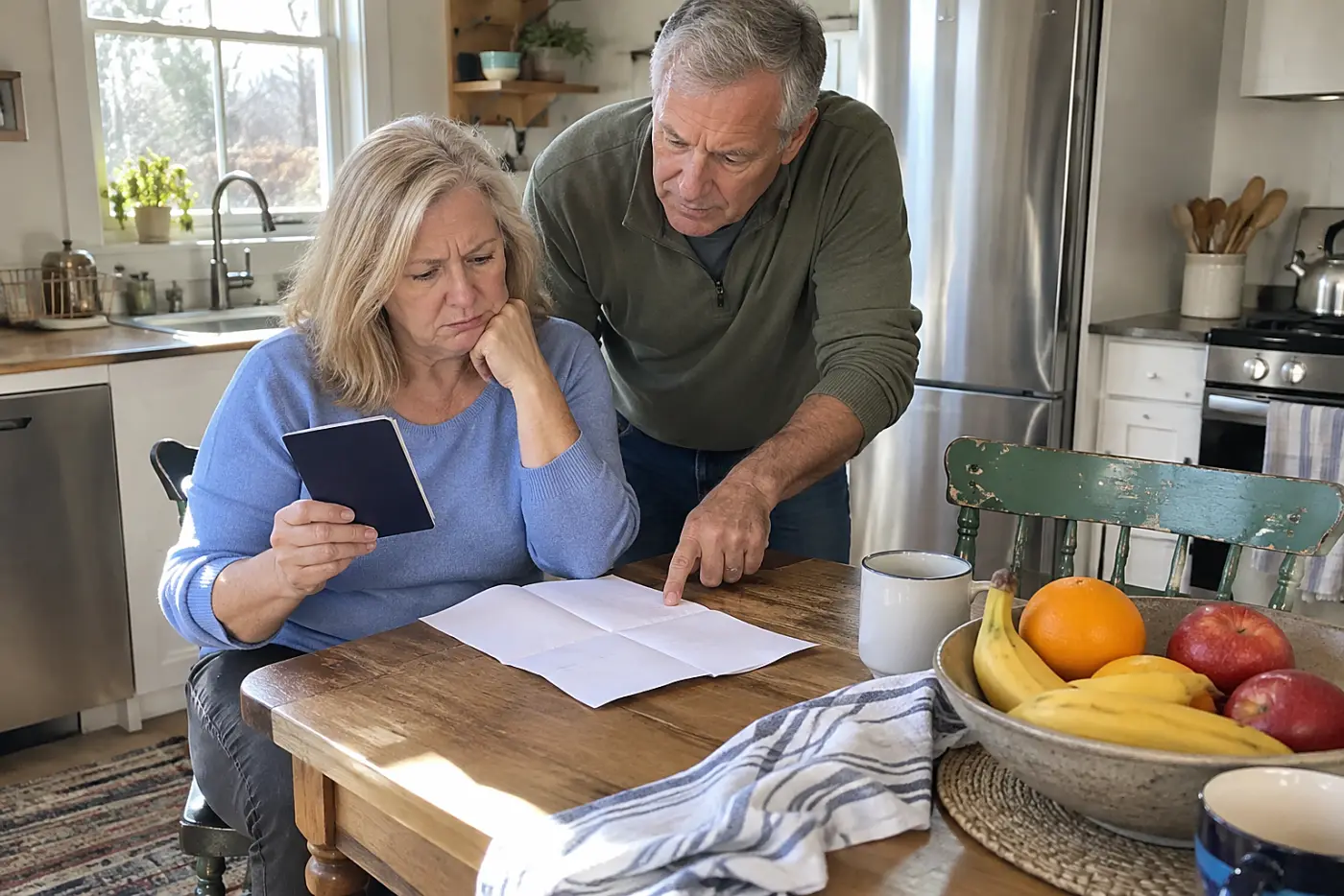 Older woman comparing her passport with a flight booking at a kitchen table.
