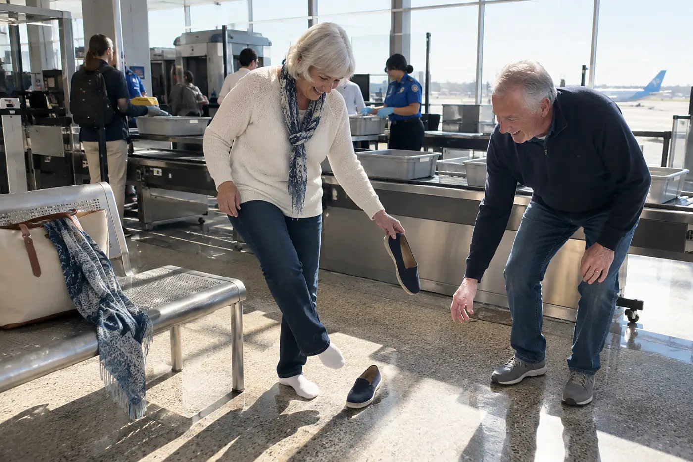 Older woman placing her shoes on the floor beside a security conveyor belt.