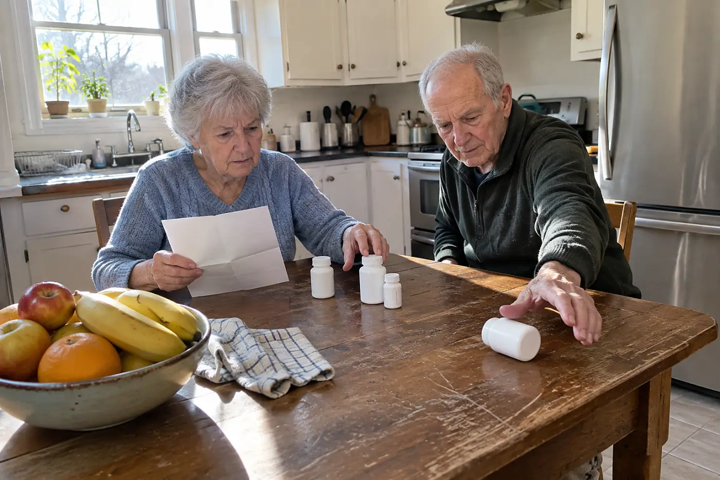 Older woman comparing an allergy list with medicine bottles at her kitchen table.