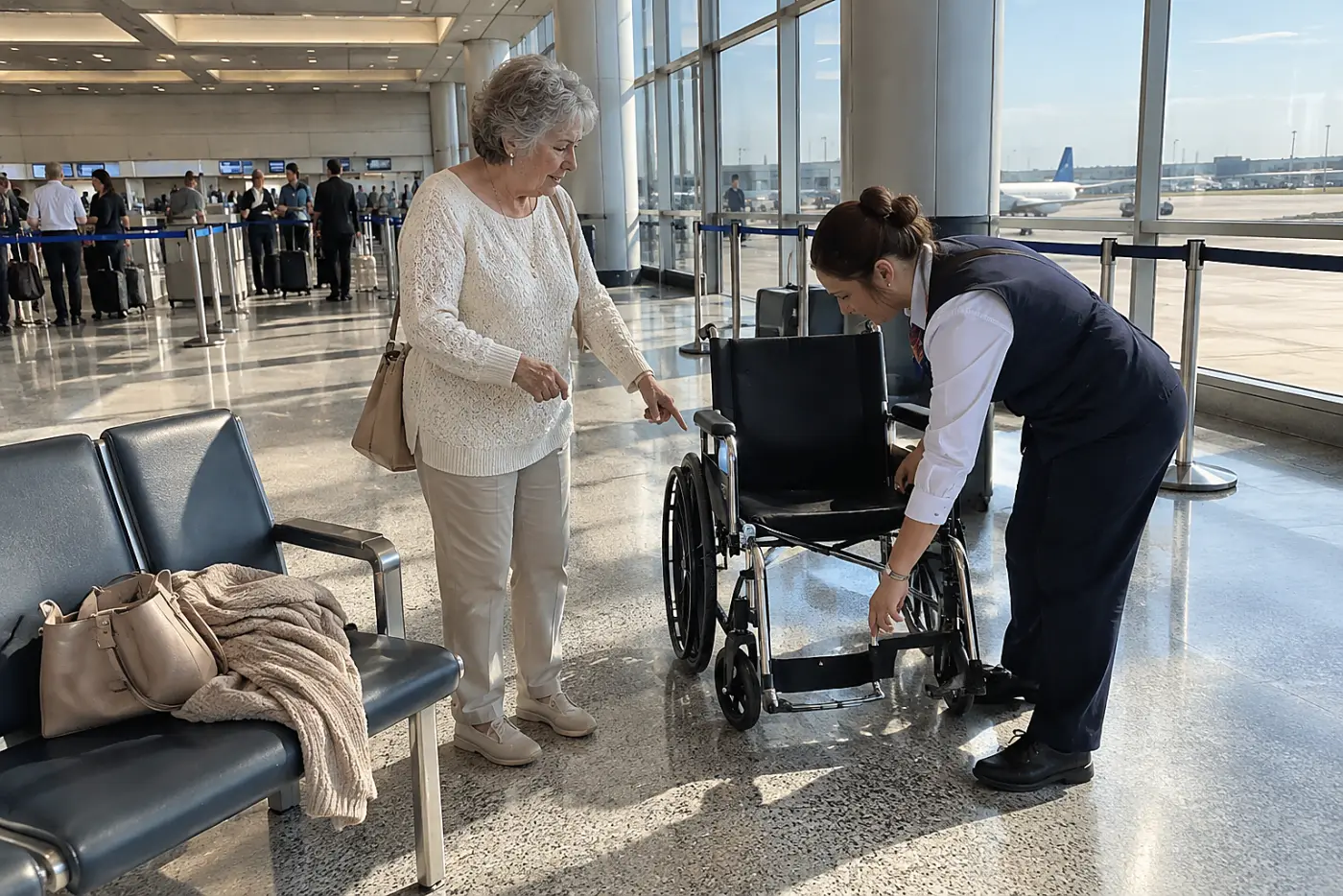 Older woman speaking with an airline employee beside a wheelchair at check-in.