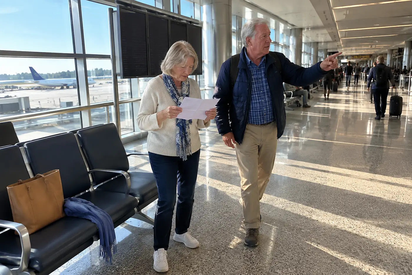 Older woman studying a terminal map beside a departure board at an airport.