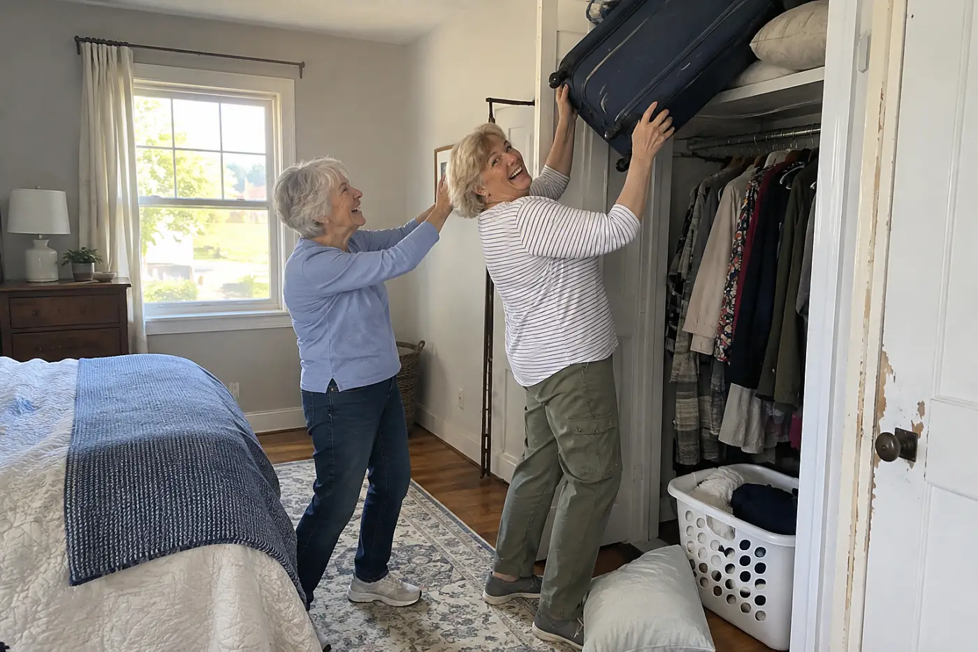 Older woman lifting a packed suitcase onto a shelf in her bedroom.