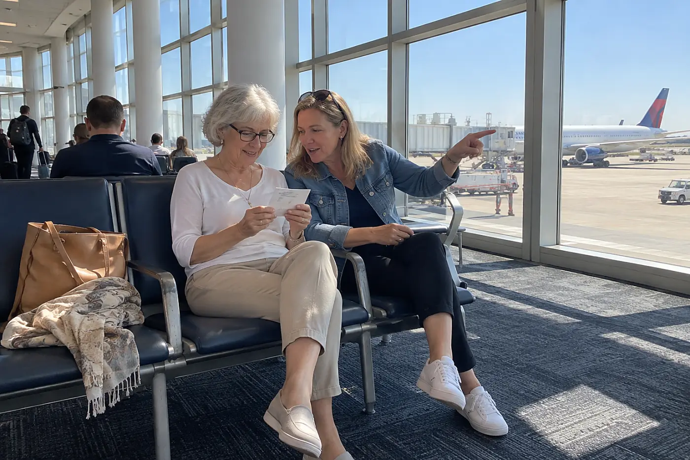 Older woman checking a boarding pass beside her daughter at an airport gate.