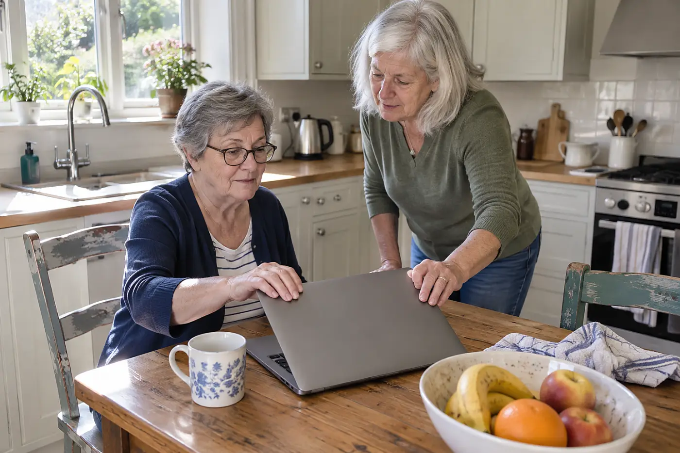 Older woman reading booking terms on a laptop at her kitchen table.