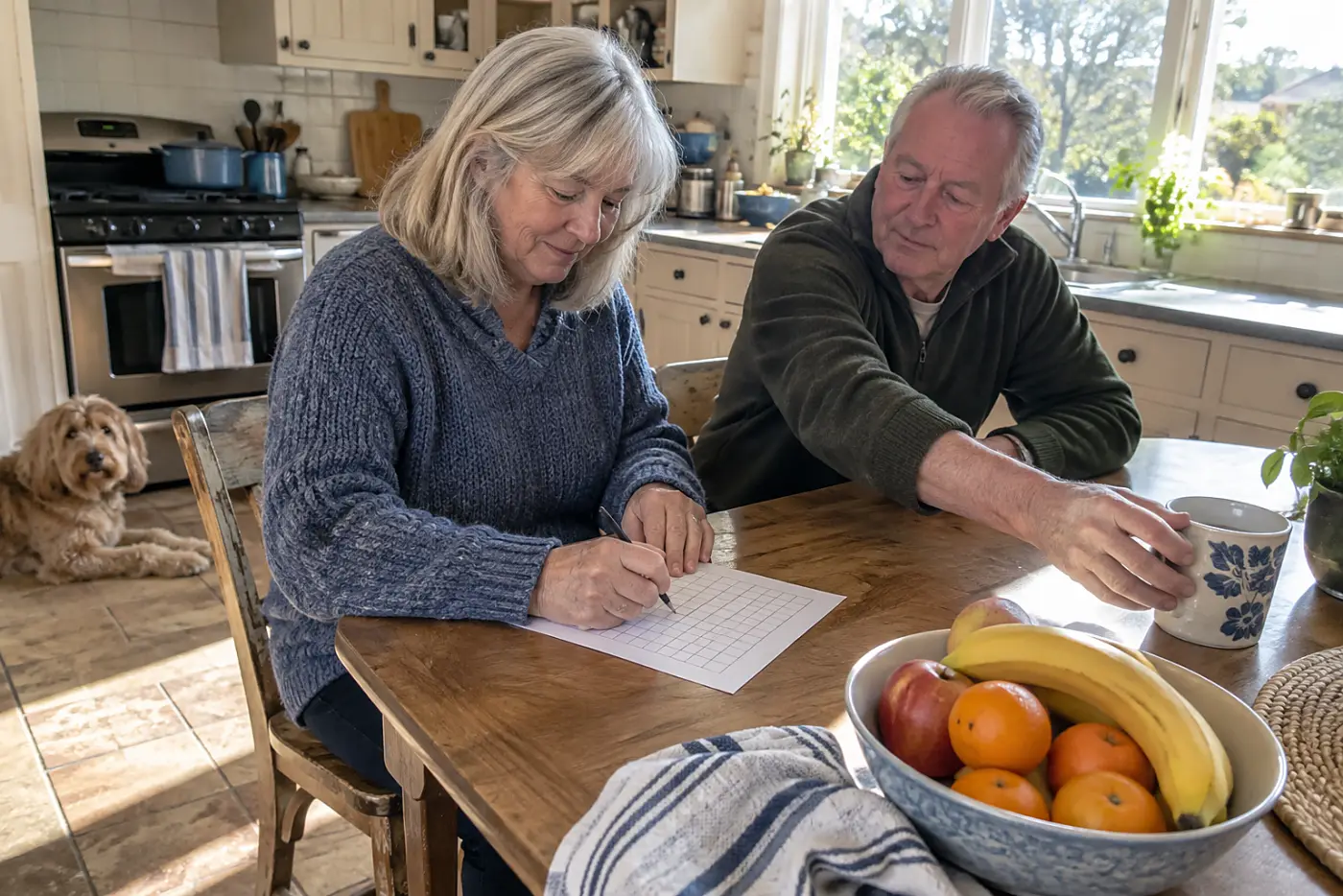 Older woman crossing an activity off a travel calendar at home.