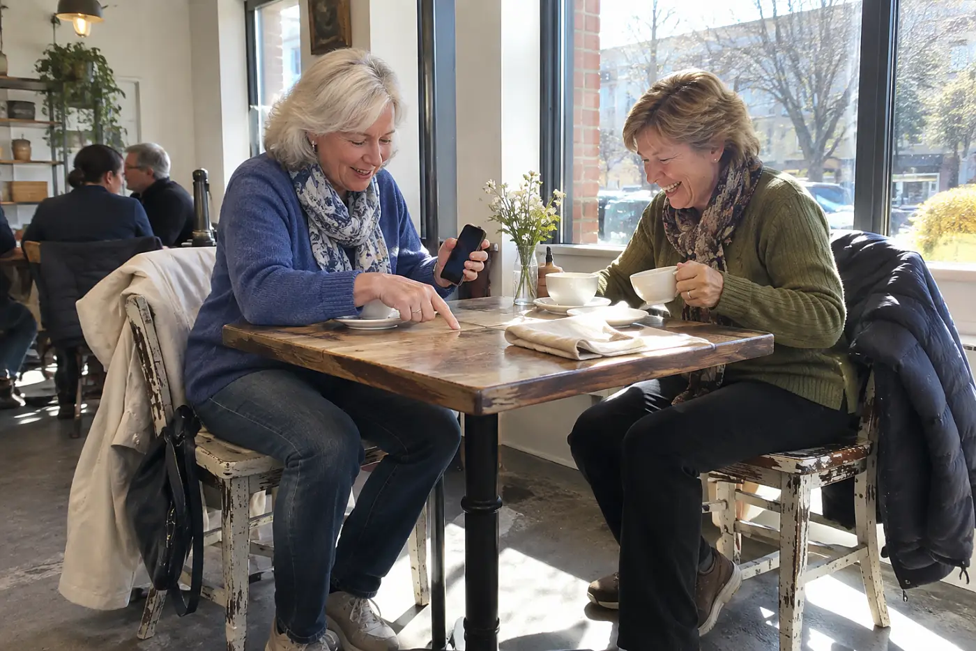 Older woman studying a walking route on her phone at a cafe table.