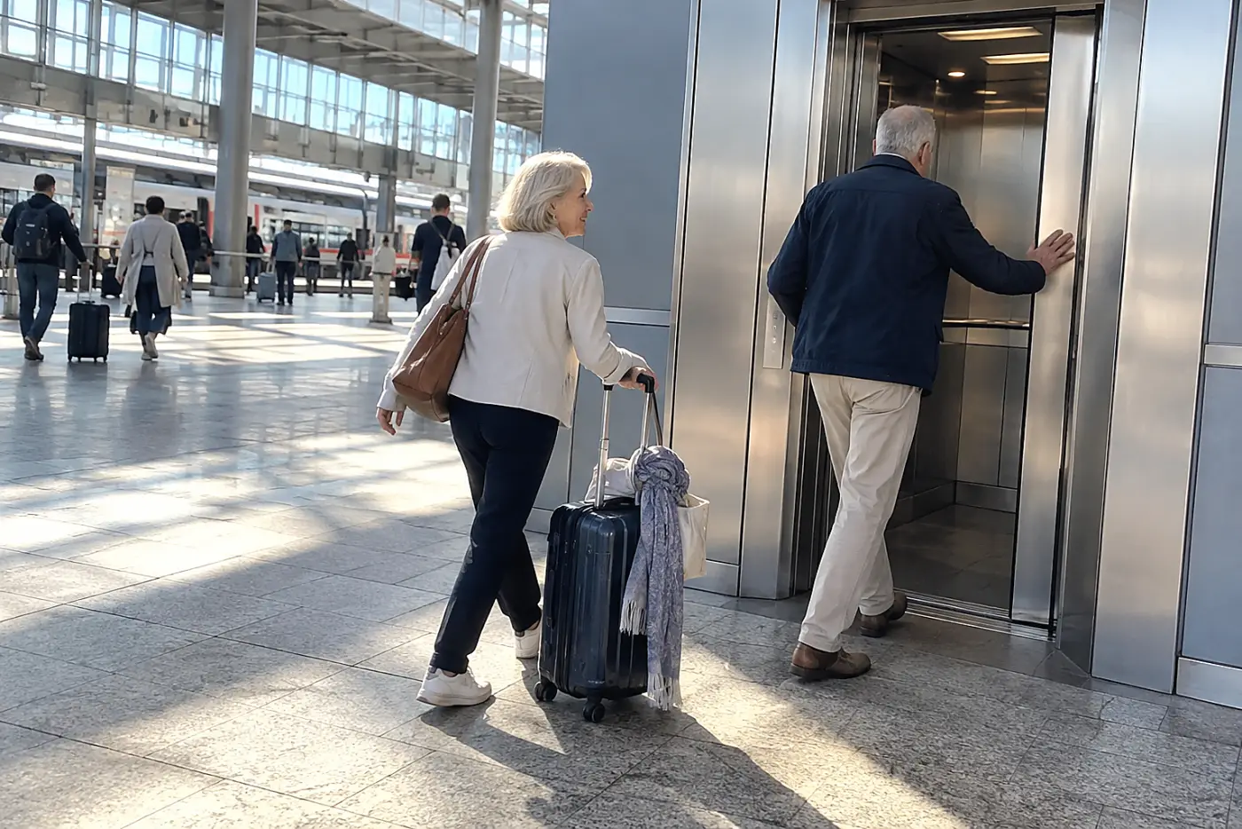 Older woman looking toward a station elevator while pulling a suitcase.