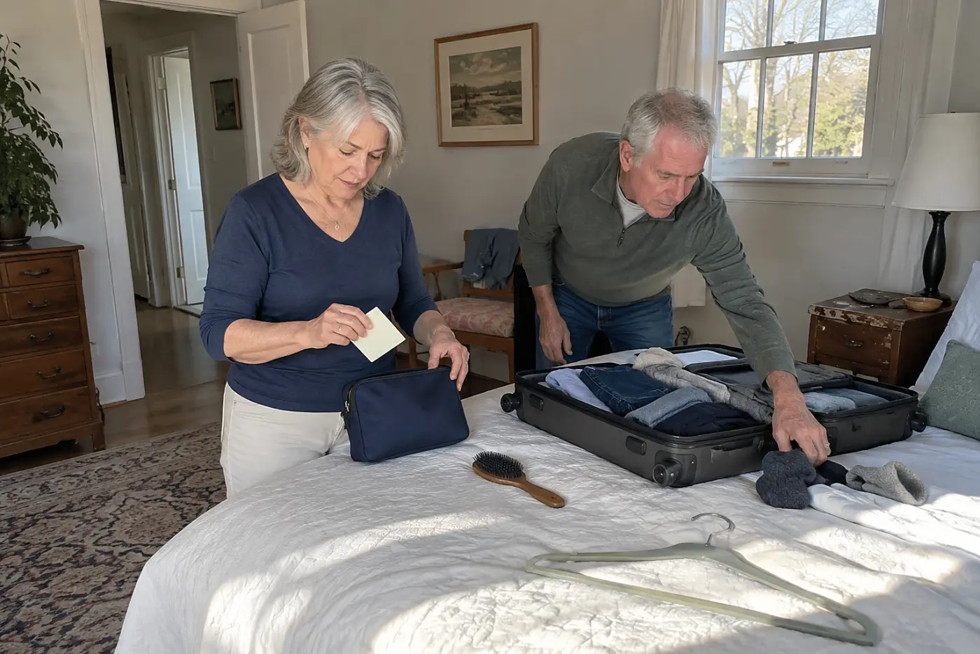 Older woman placing a spare credit card inside a separate travel pouch.