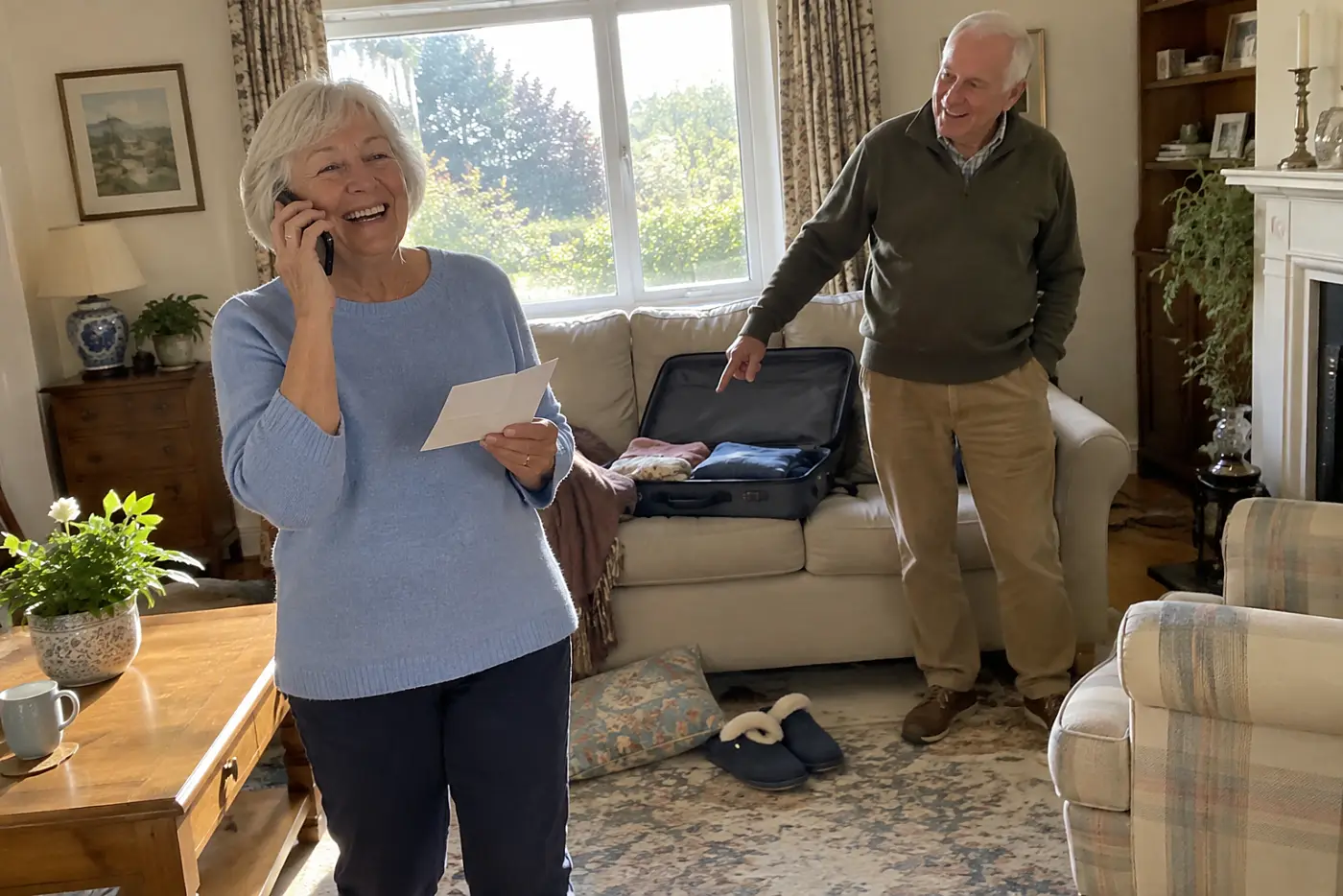 Older woman calling a relative from her living room while holding a phone message.