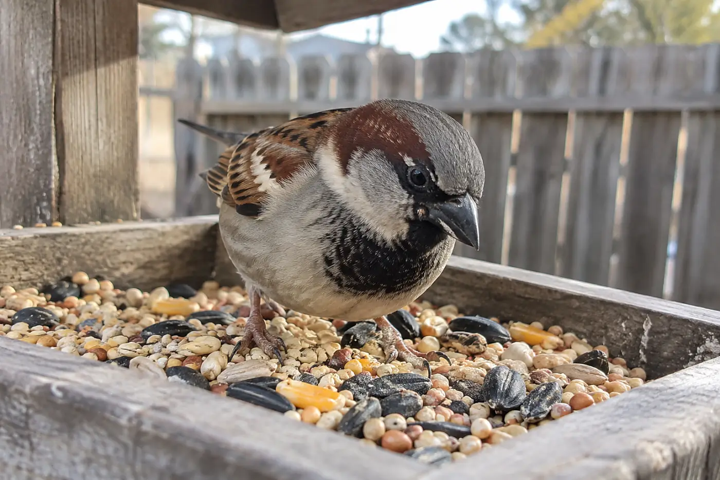 A male house sparrow sits in the middle of a porch-side feeder, with its gray crown and black bib plainly visible.