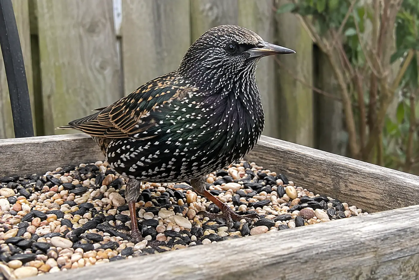 A European starling stands in the middle of an open seed tray in a suburban backyard, its spotted feathers clear in daylight.