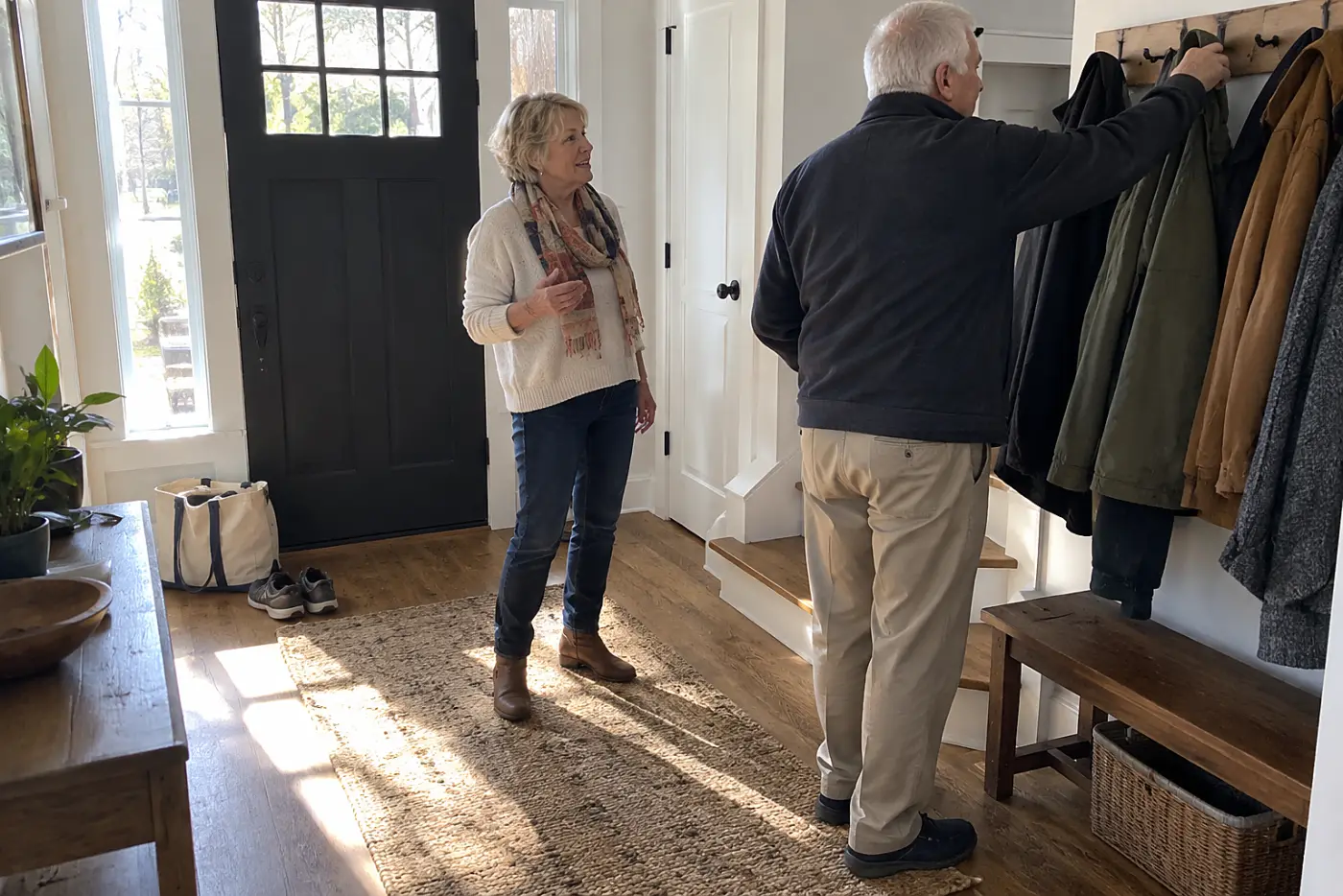 Woman facing a friend beside a coat rack after dinner.