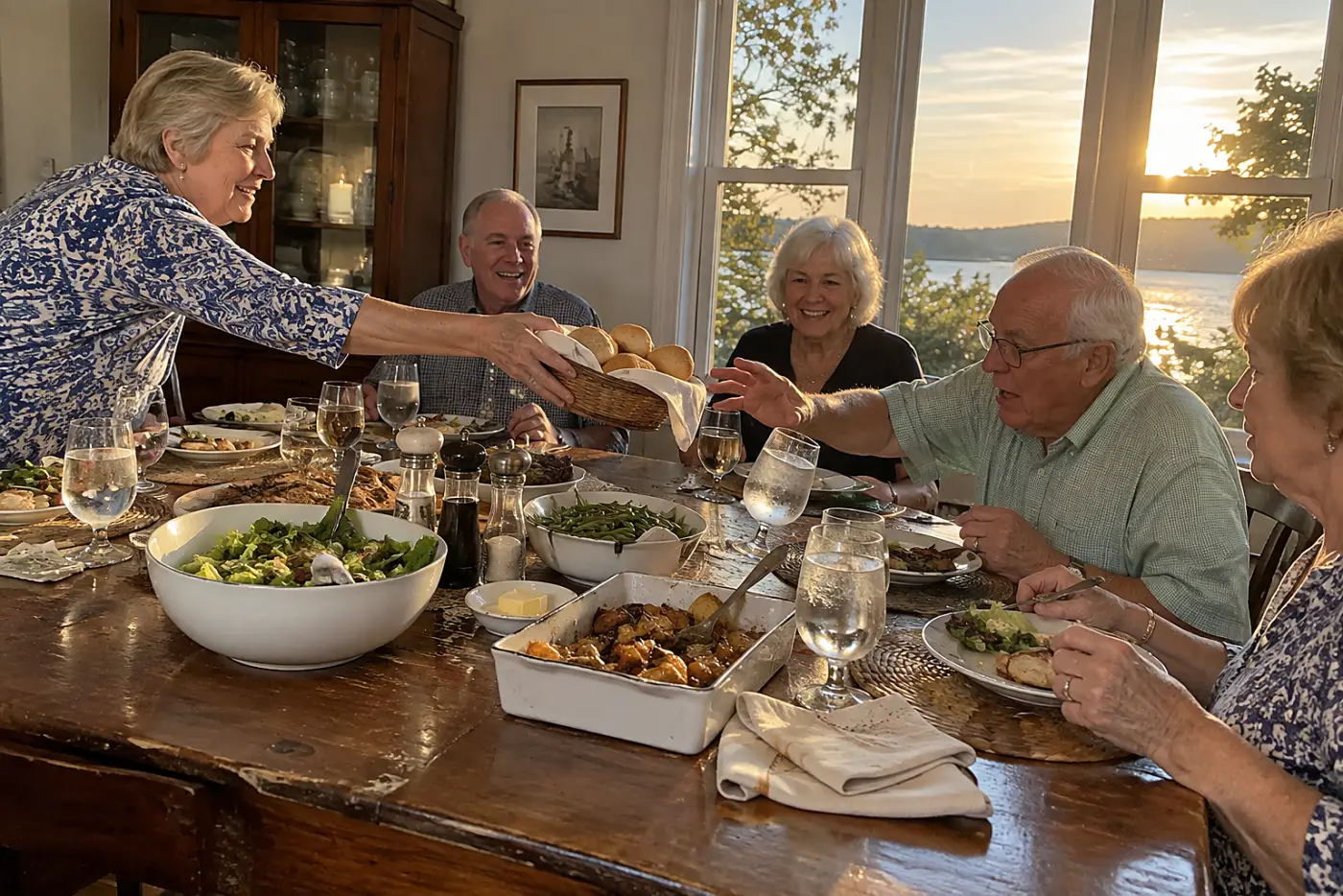 Woman passing a bread basket across a crowded dinner table.