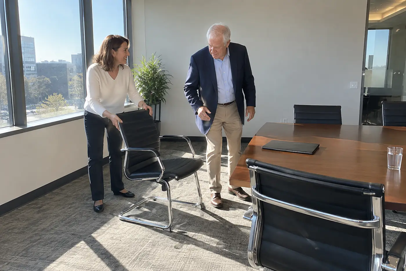 Woman speaking with a colleague in an empty office meeting room.