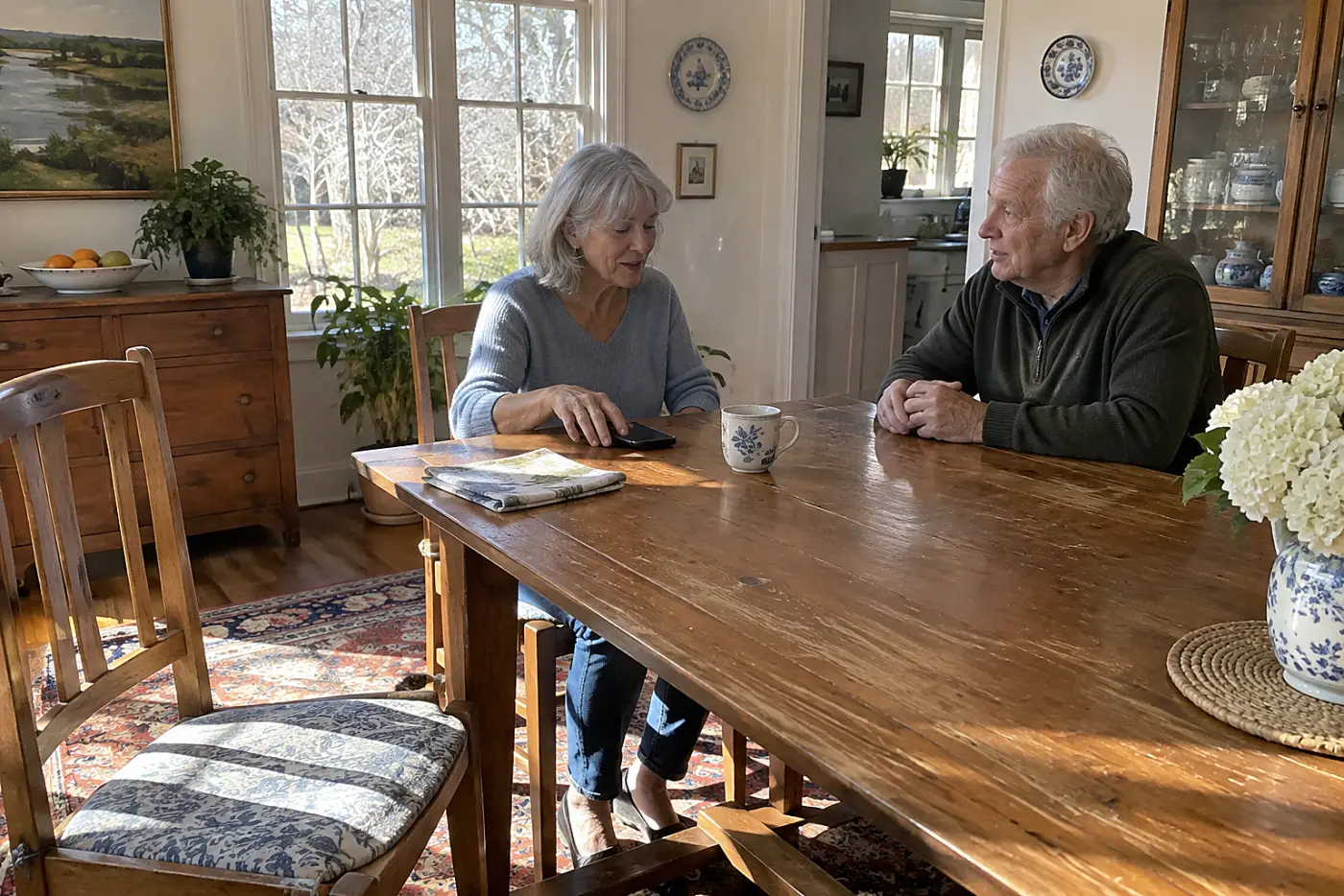 Woman reading a family group chat on her phone at the dining table.