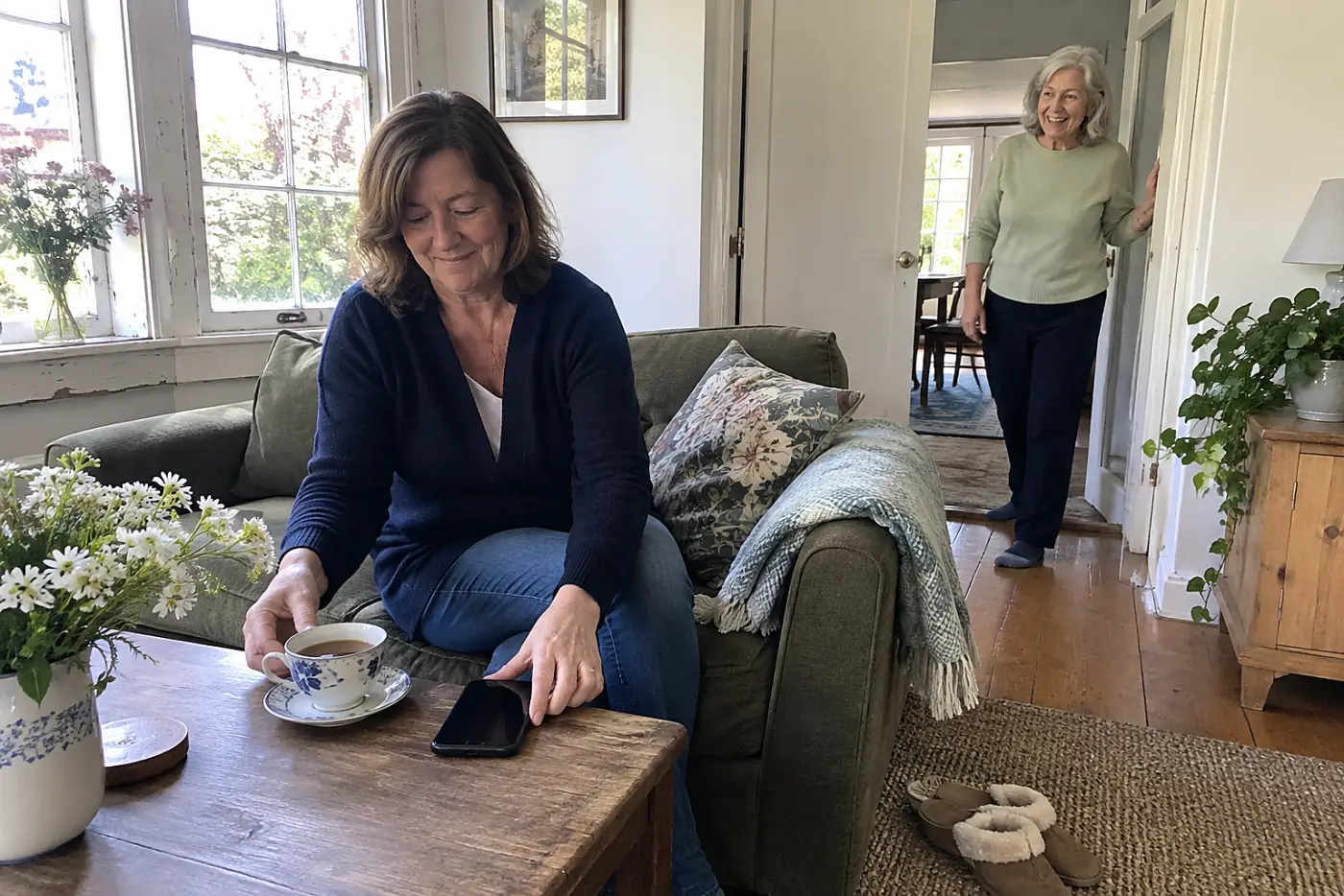 Woman setting her phone beside a cup of tea at home.