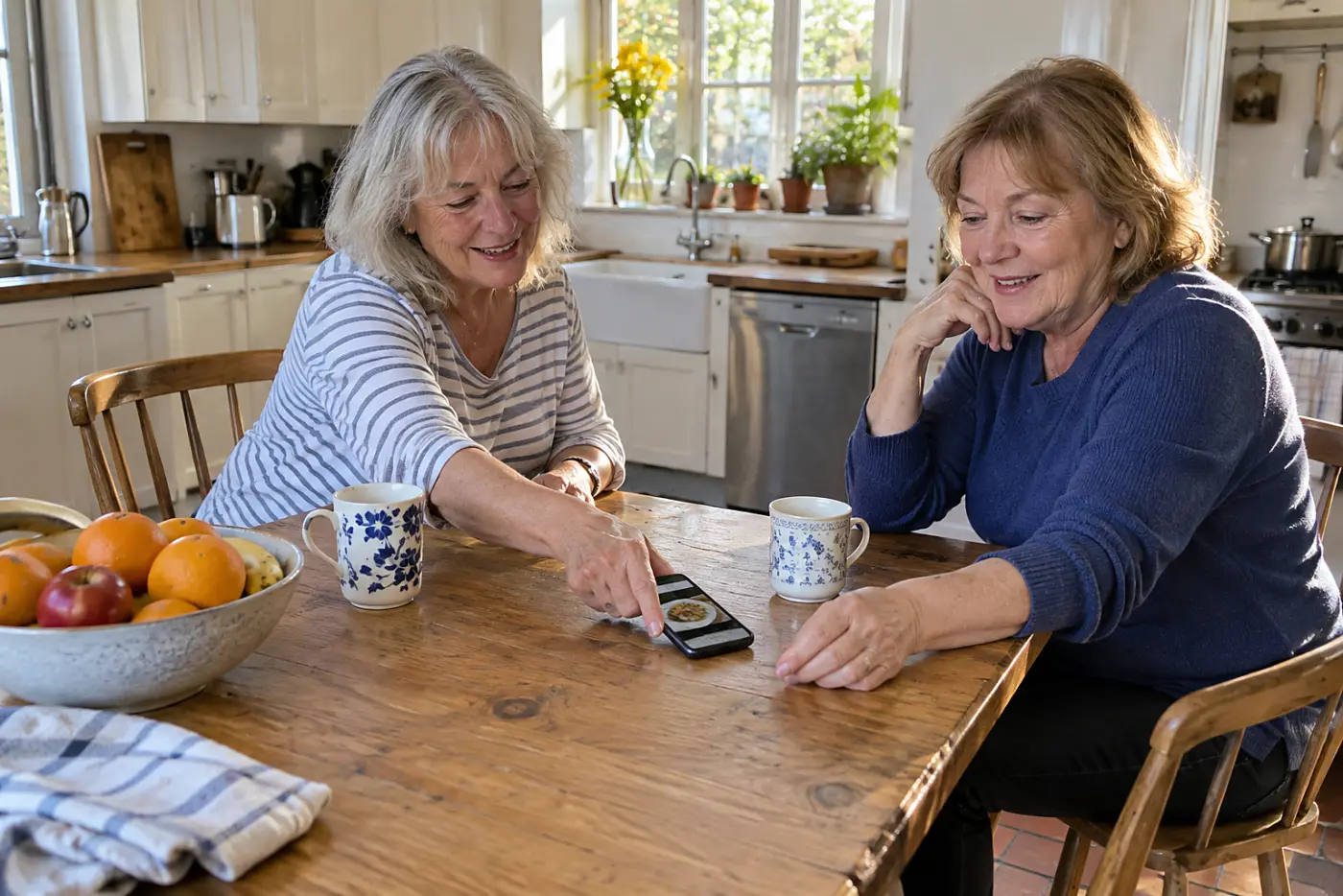 Woman showing a dinner photograph to a friend at her kitchen table.