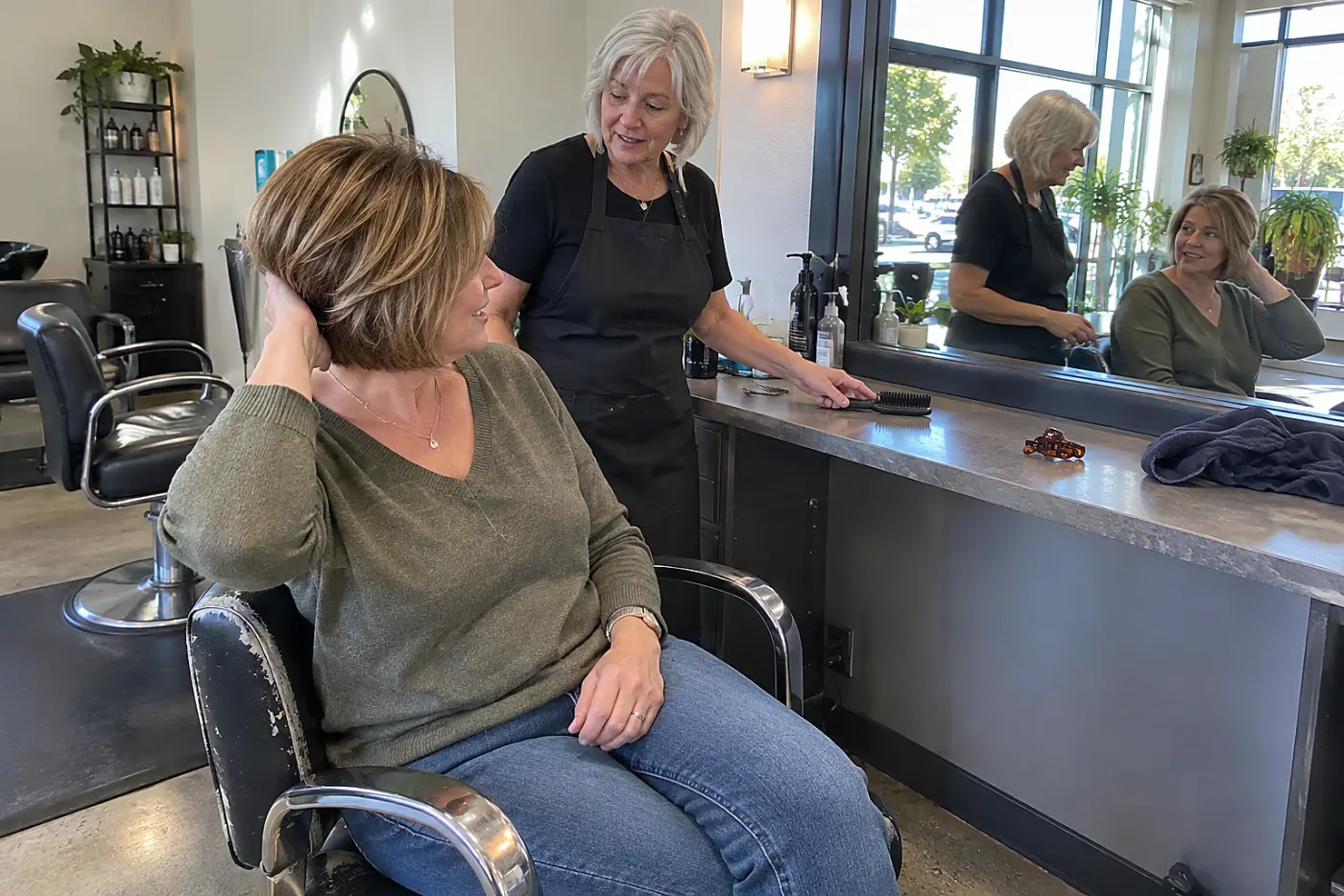 Woman touching the back of her new haircut in a salon mirror.