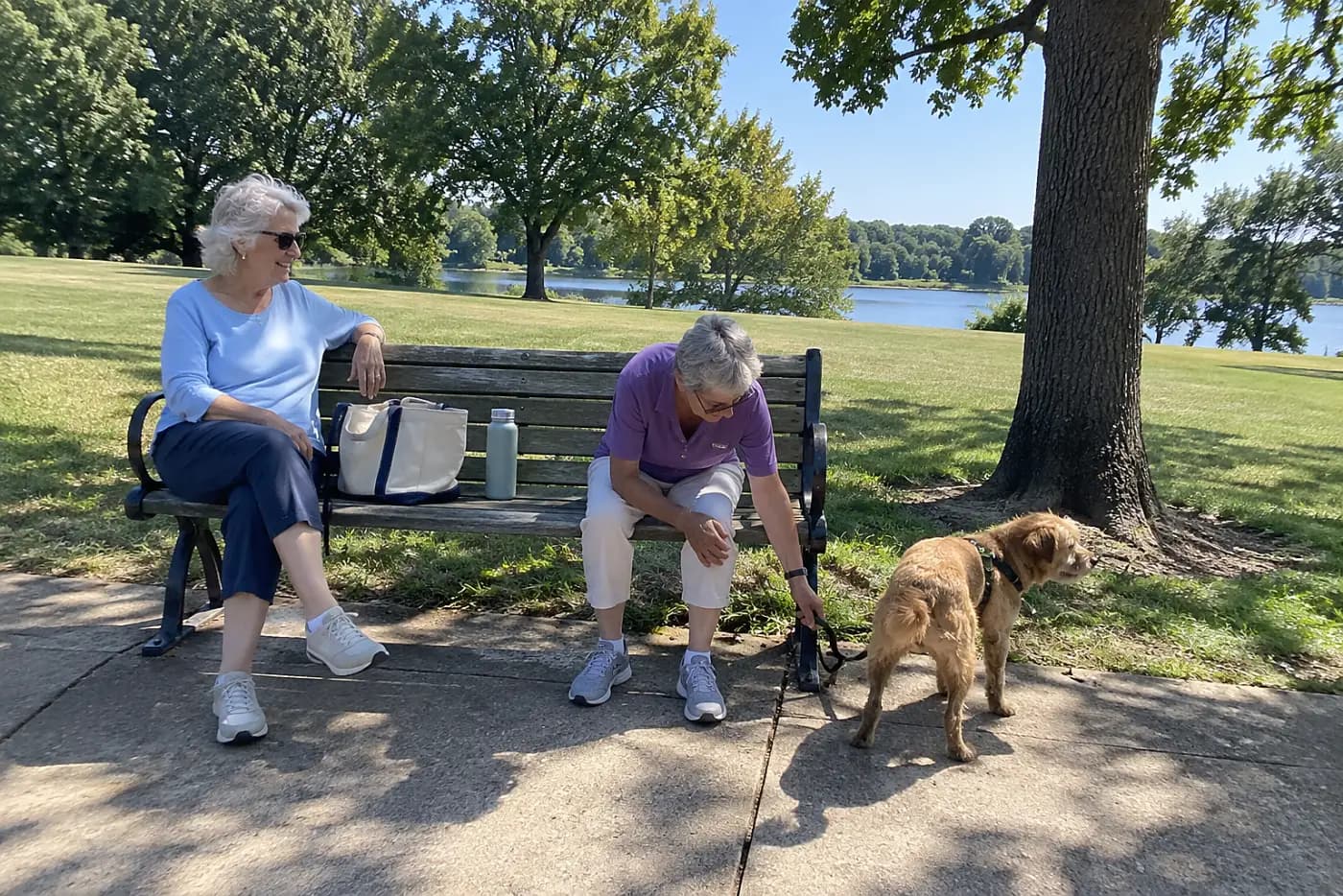 Woman speaking with a friend on a park bench.
