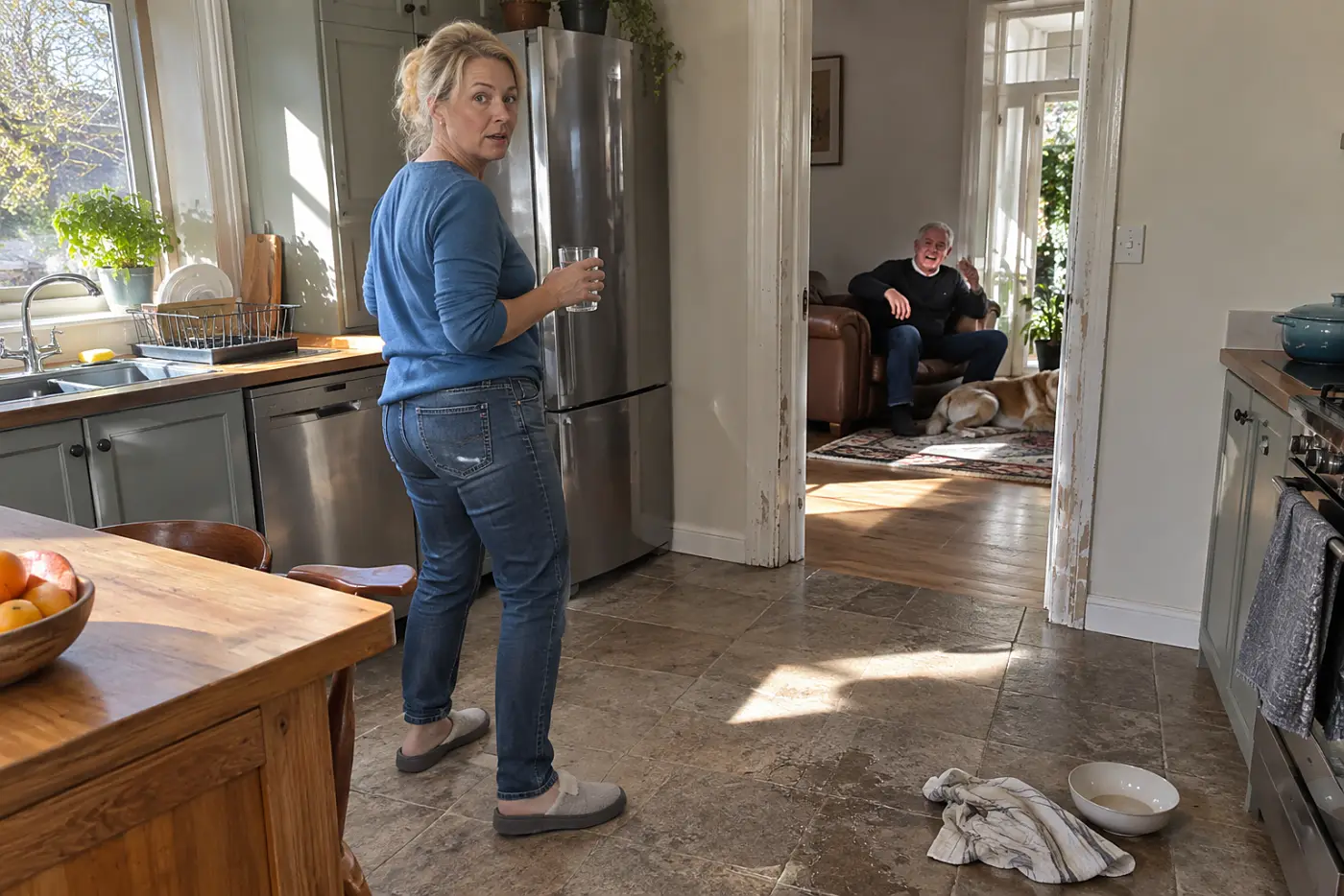 Woman walking toward a kitchen doorway with a glass in her hand.