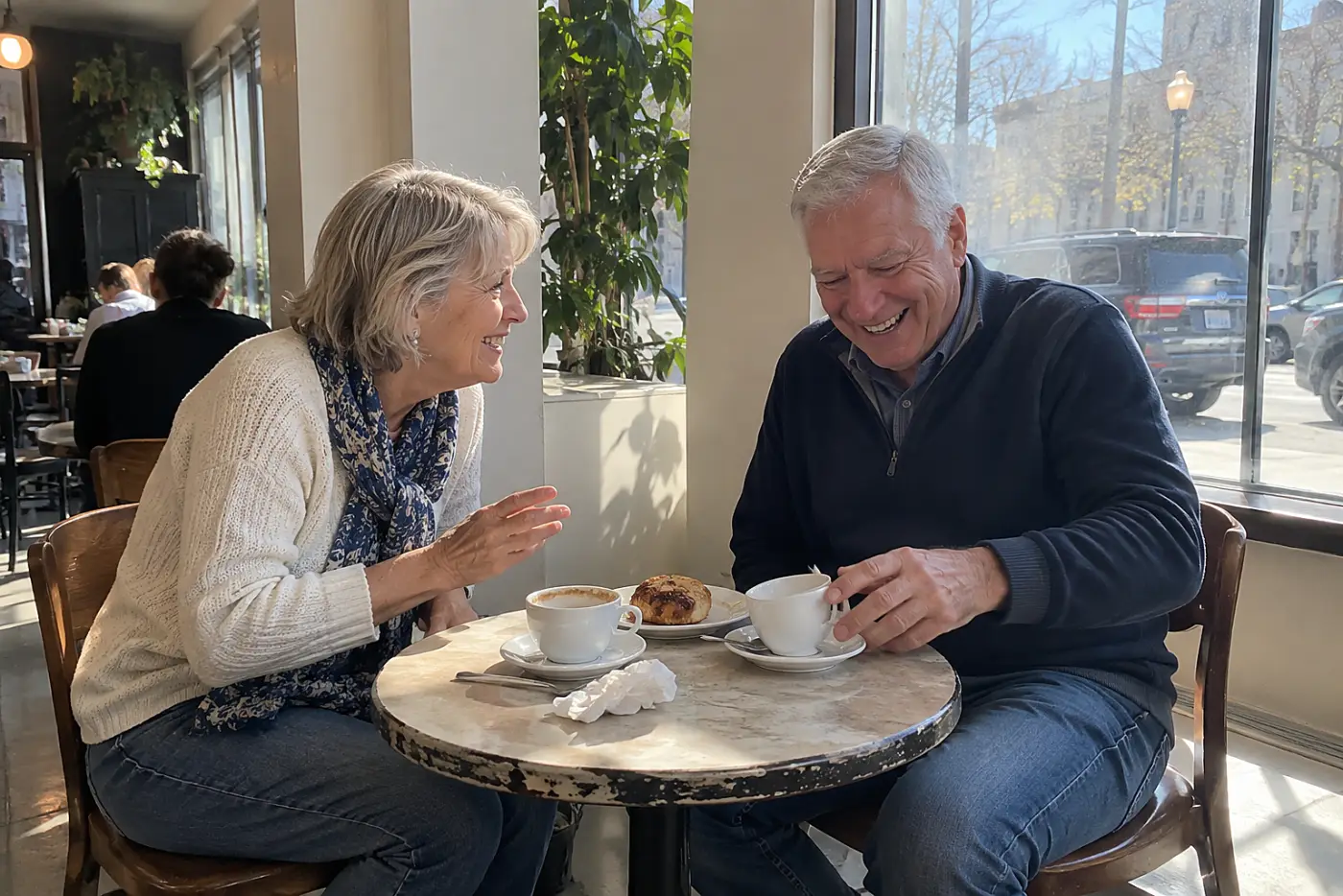 Woman asking an old friend a question across a café table.