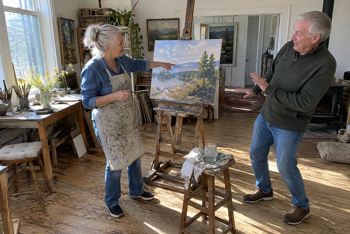 Woman pointing to a painting on an easel in her studio.
