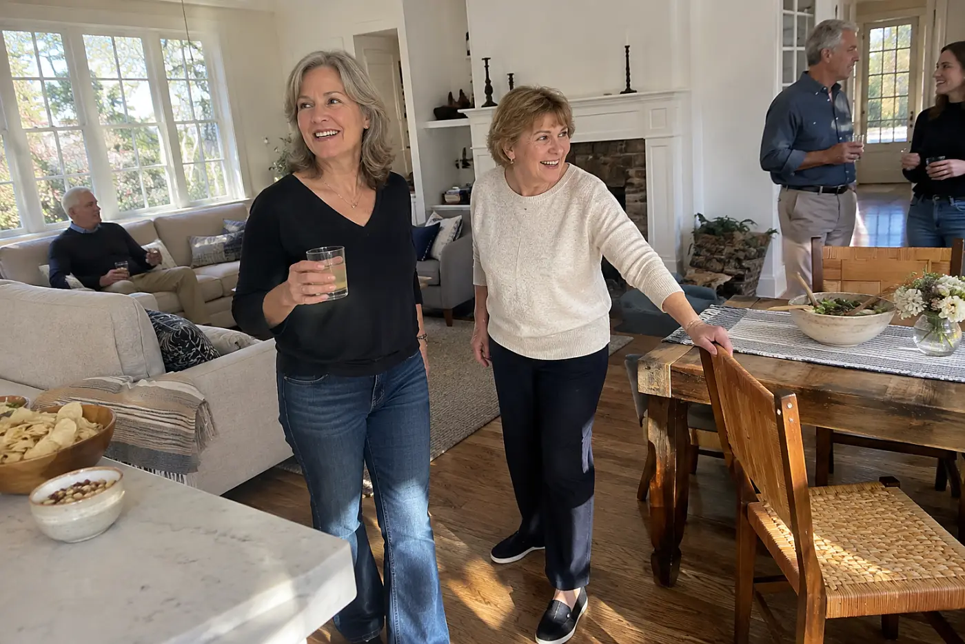 Woman standing beside a friend at a gathering with a drink in her hand.