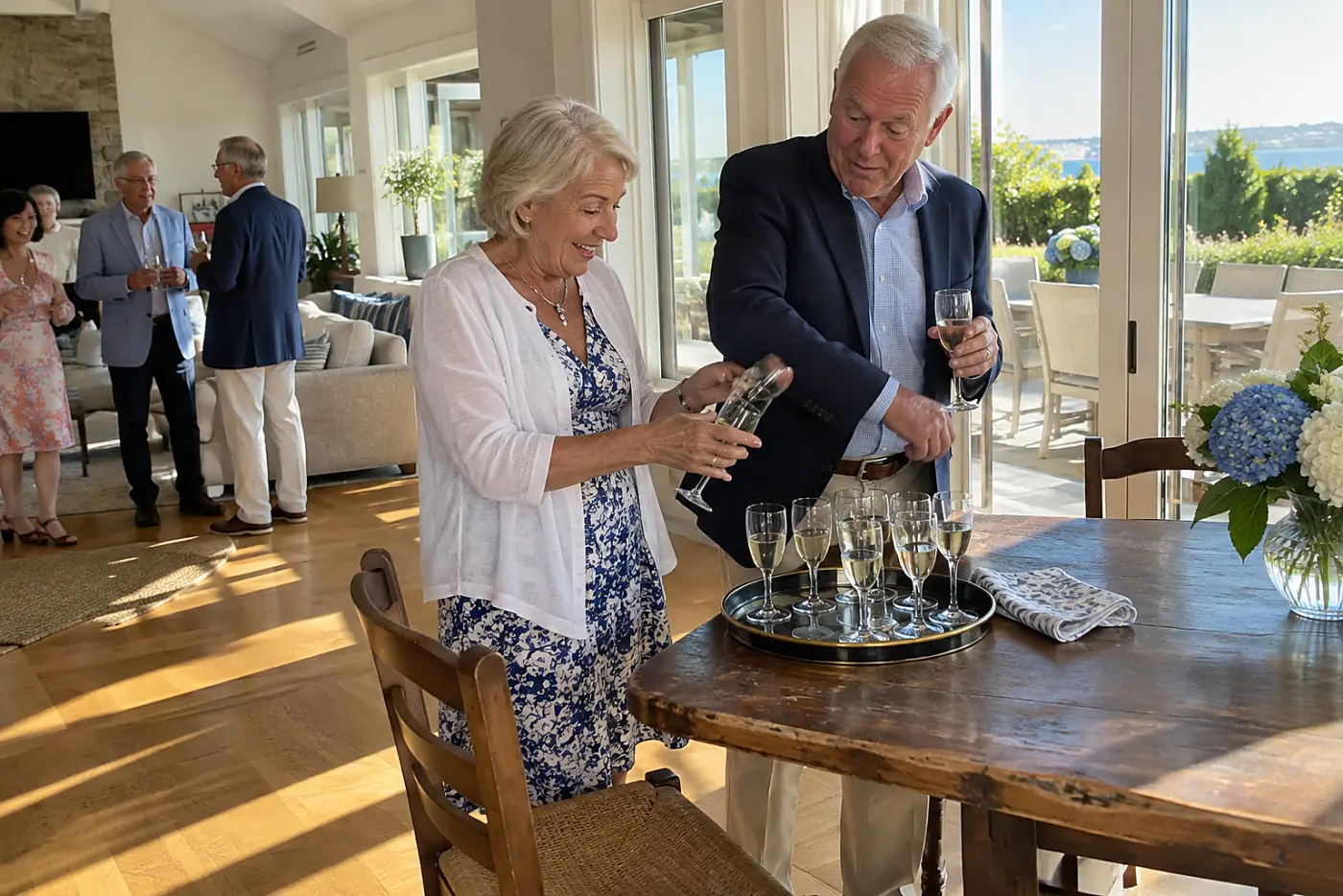 Woman chatting with a guest beside a tray of glasses at a party.
