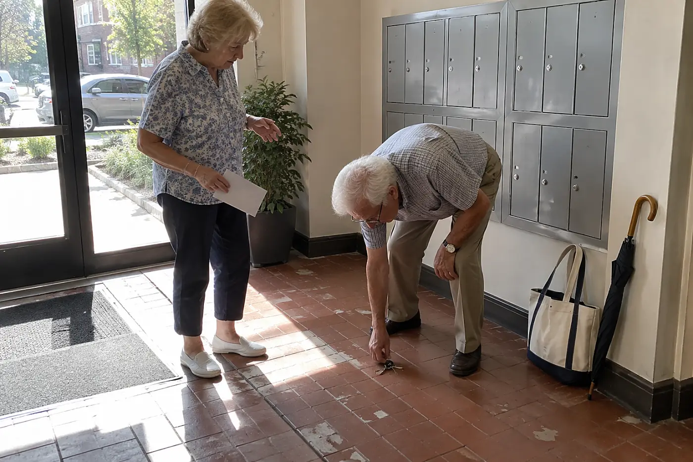Woman holding an envelope while speaking with a neighbor by the mailboxes.