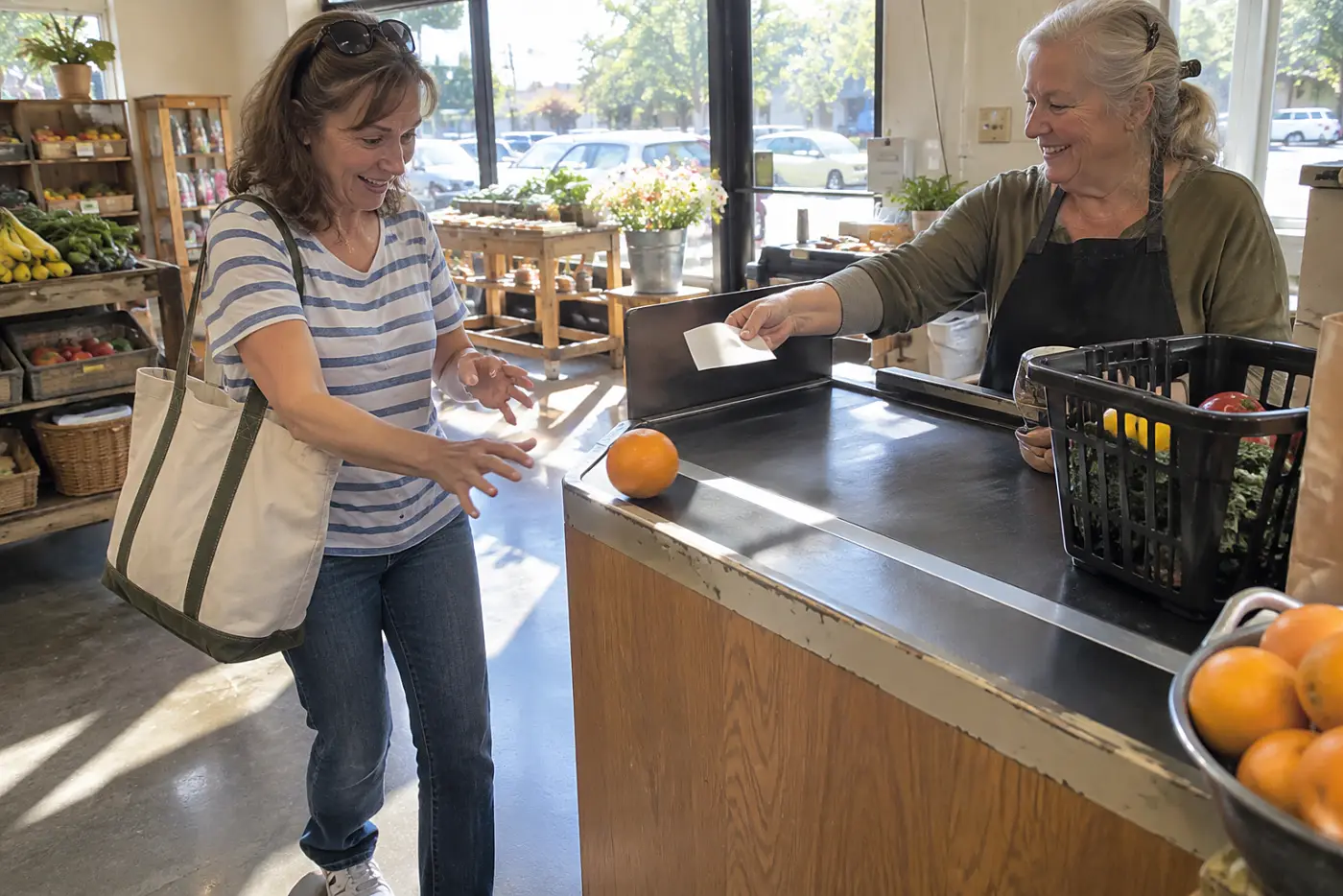 Woman taking a receipt from a cashier at a grocery store.