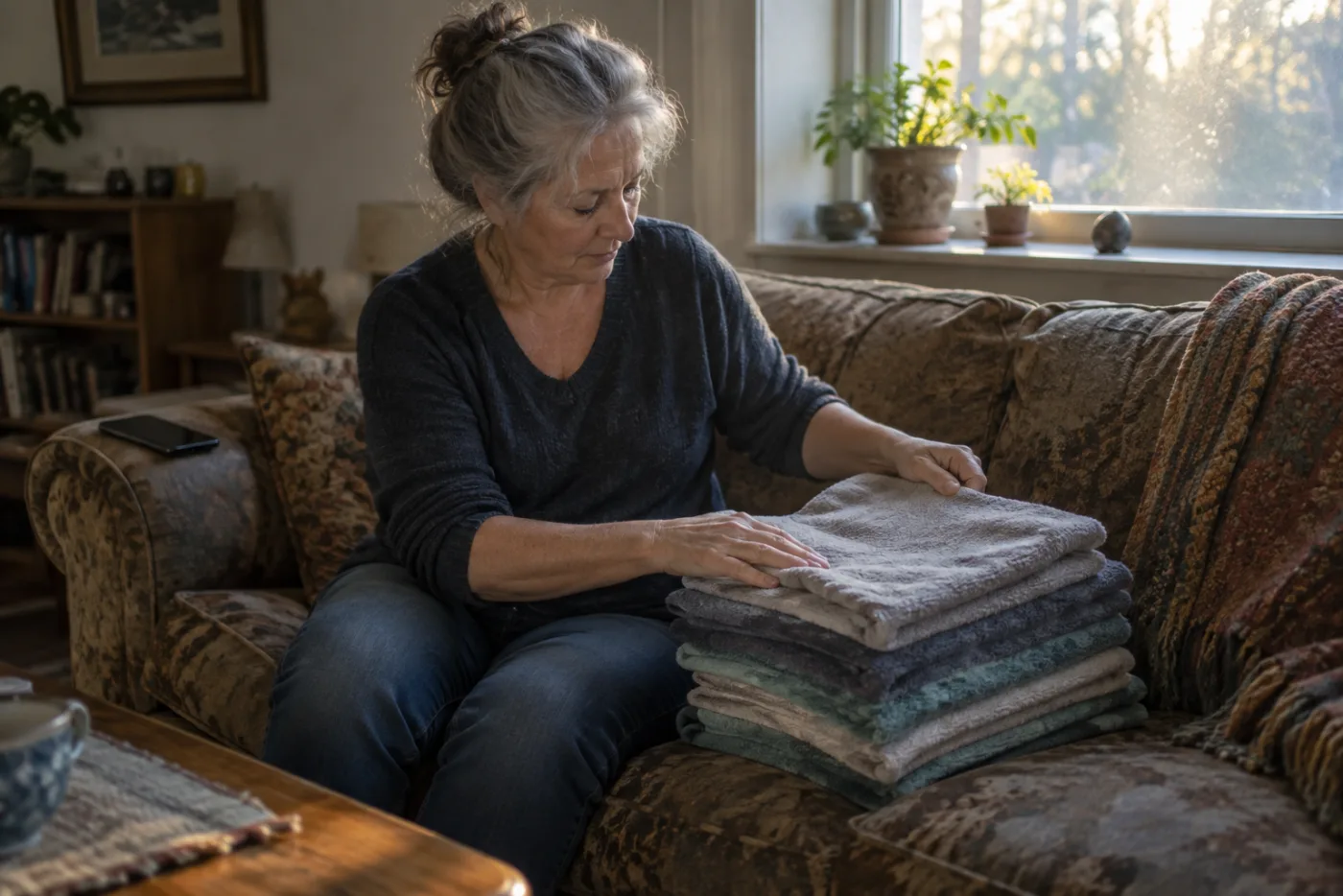 Woman folding towels beside a sofa with her phone left face-down nearby