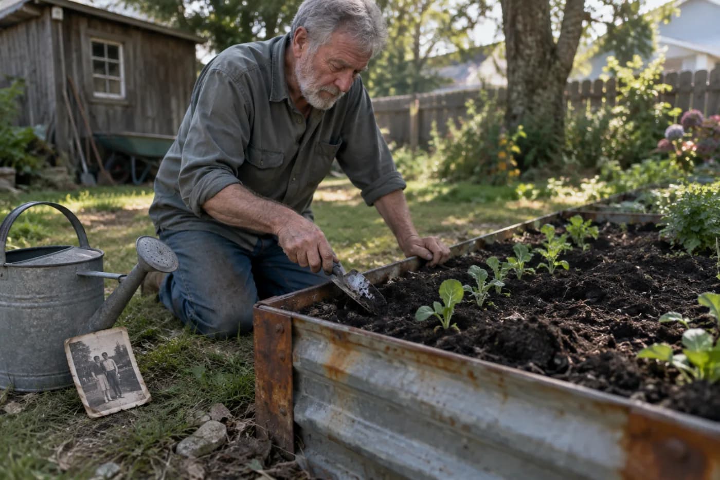Older man planting seedlings in a garden bed with a faded photo nearby