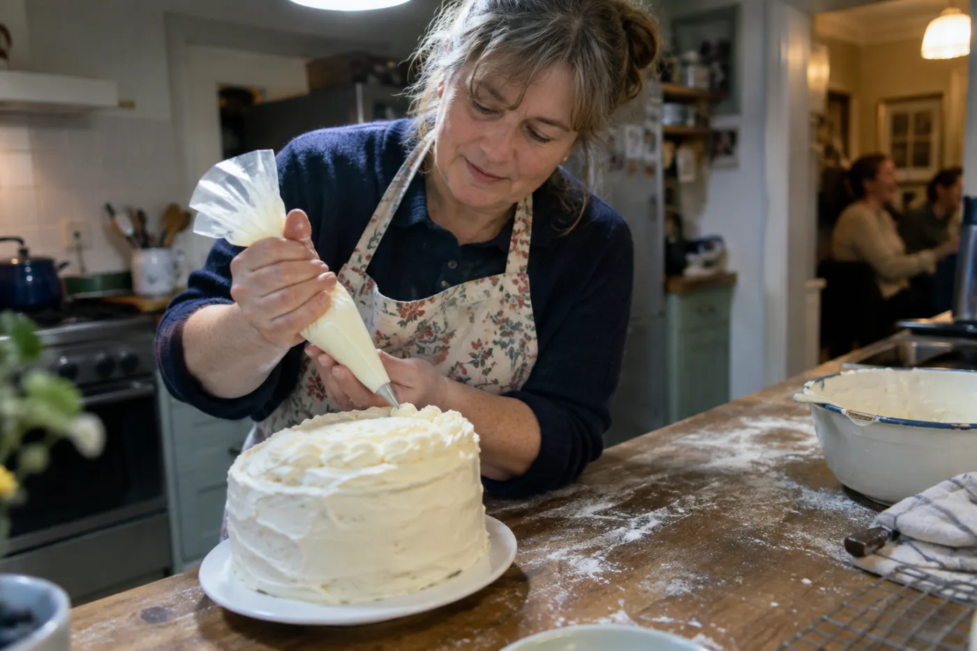 Woman decorating a birthday cake alone at a kitchen counter during a family gathering
