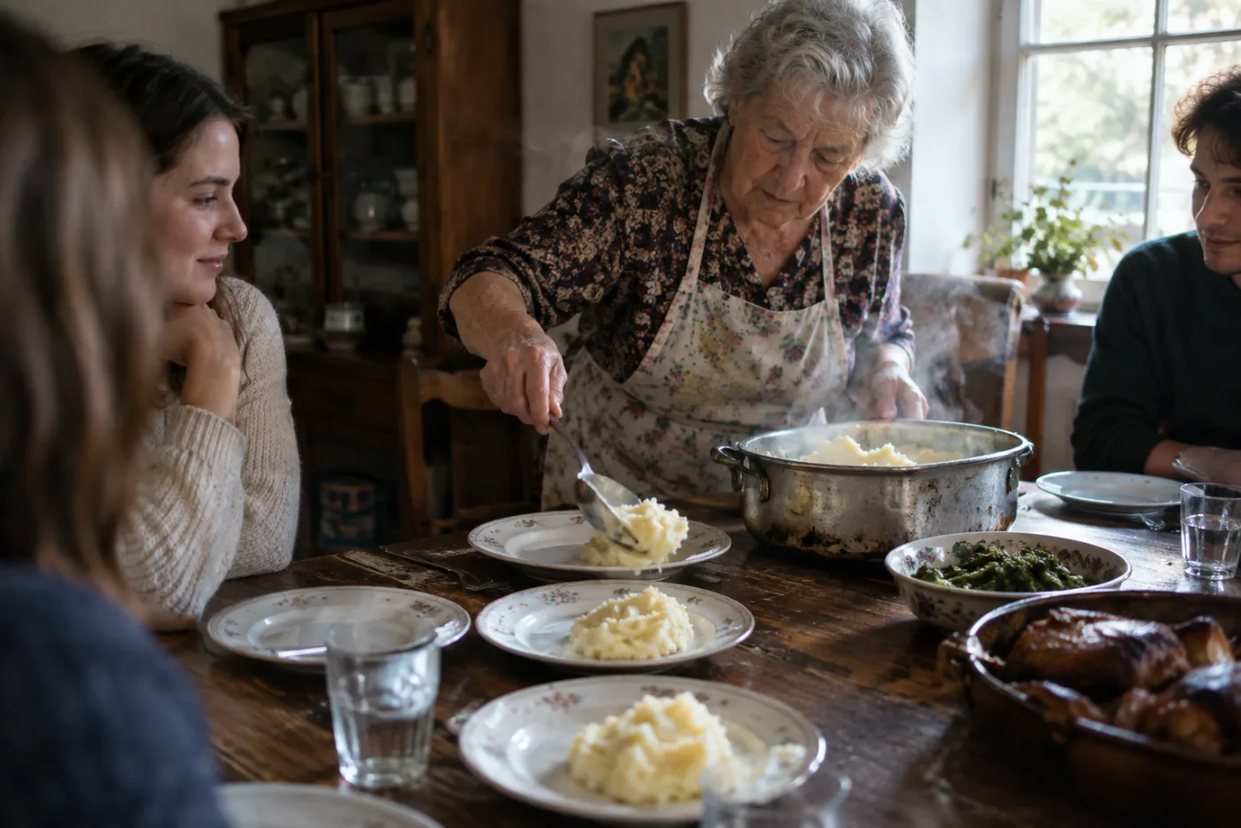 Older woman serving food onto plates at a family dinner table
