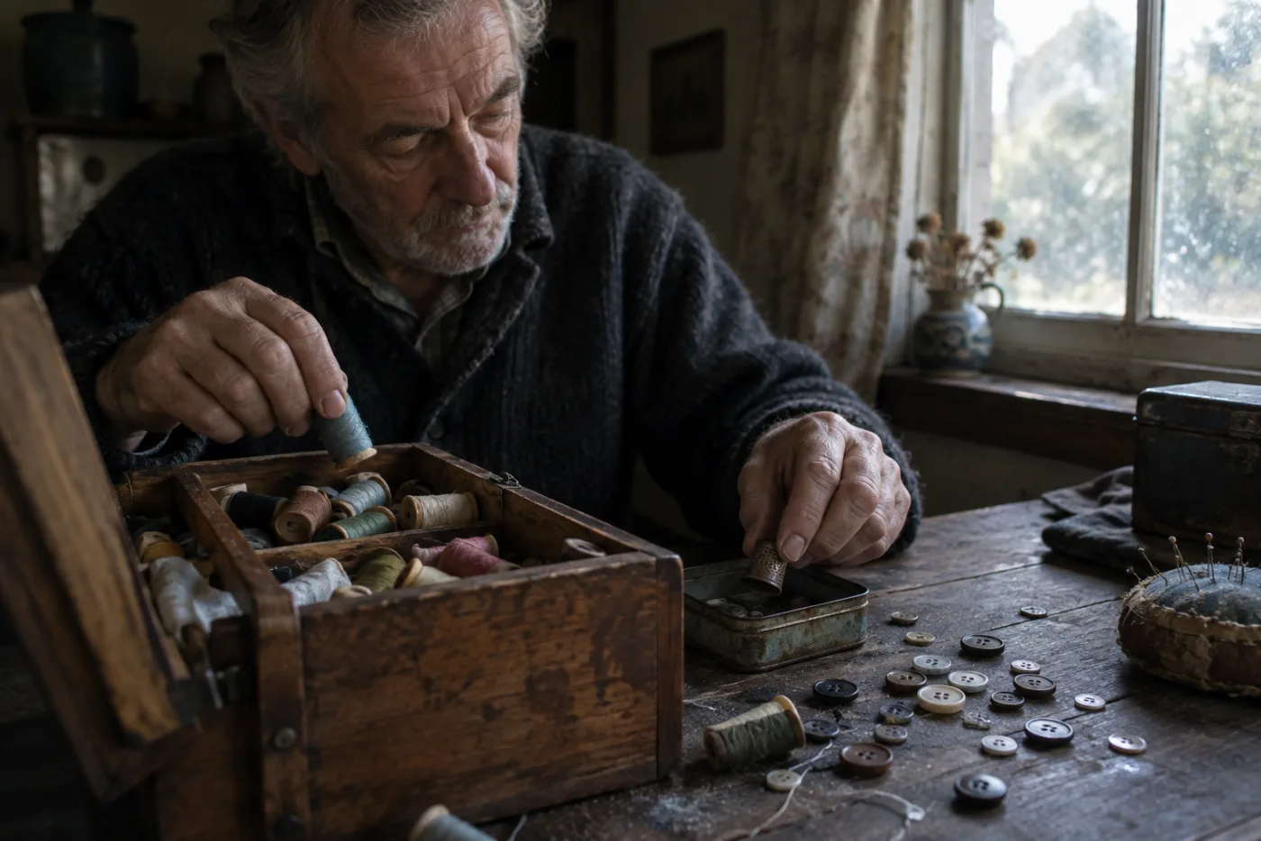 Man sorting through his late parent's old sewing box on a table