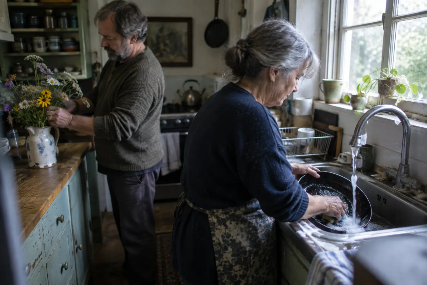 Sister washing dishes while her brother arranges flowers in the same kitchen