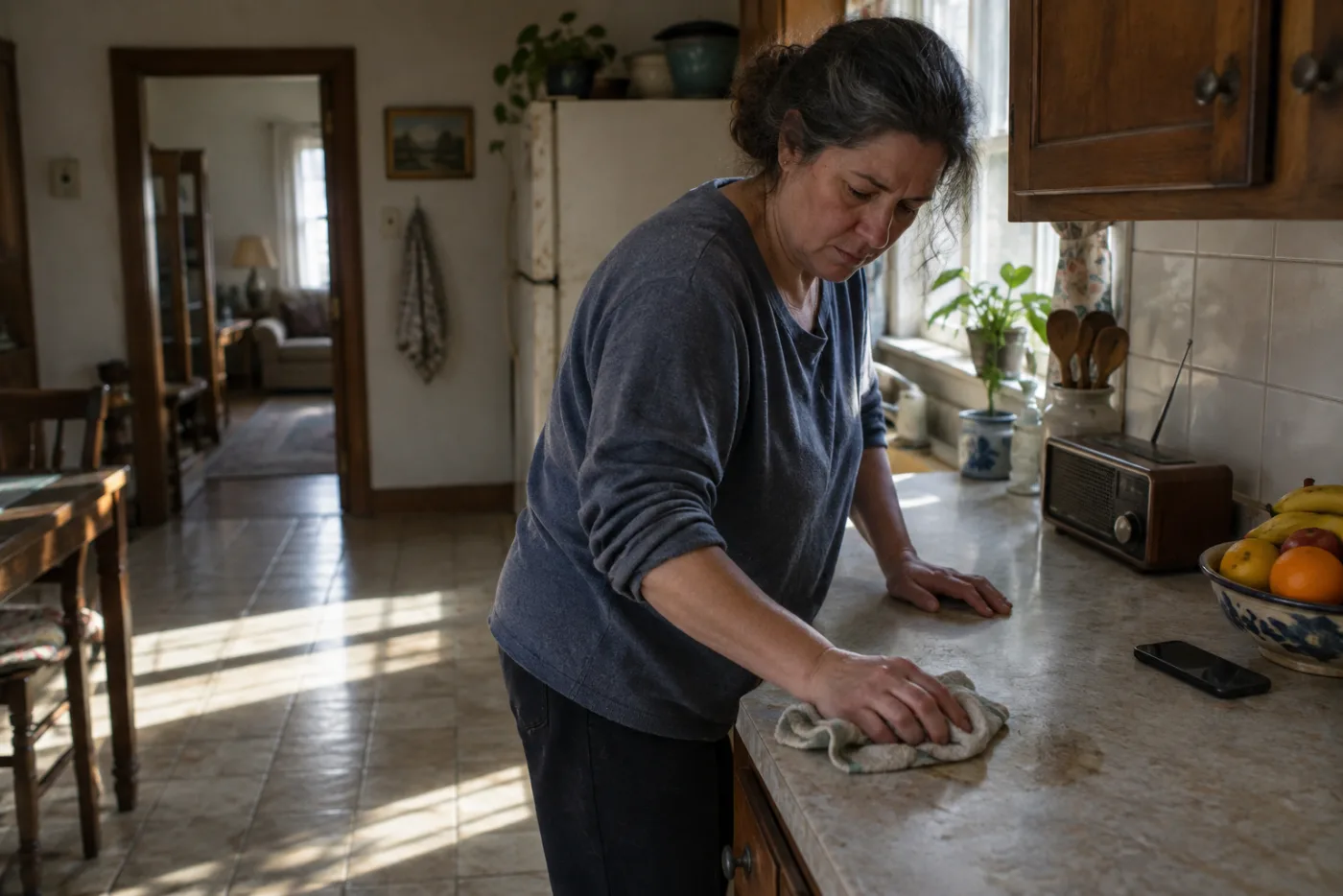 Woman wiping a kitchen counter with her phone left face-down nearby