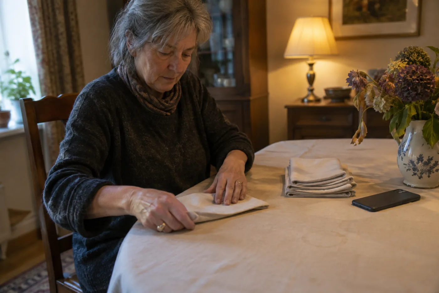 Woman folding napkins at a table with her phone face-down nearby