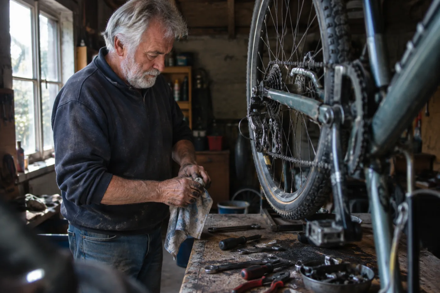 Man repairing a bicycle chain in his garage workshop