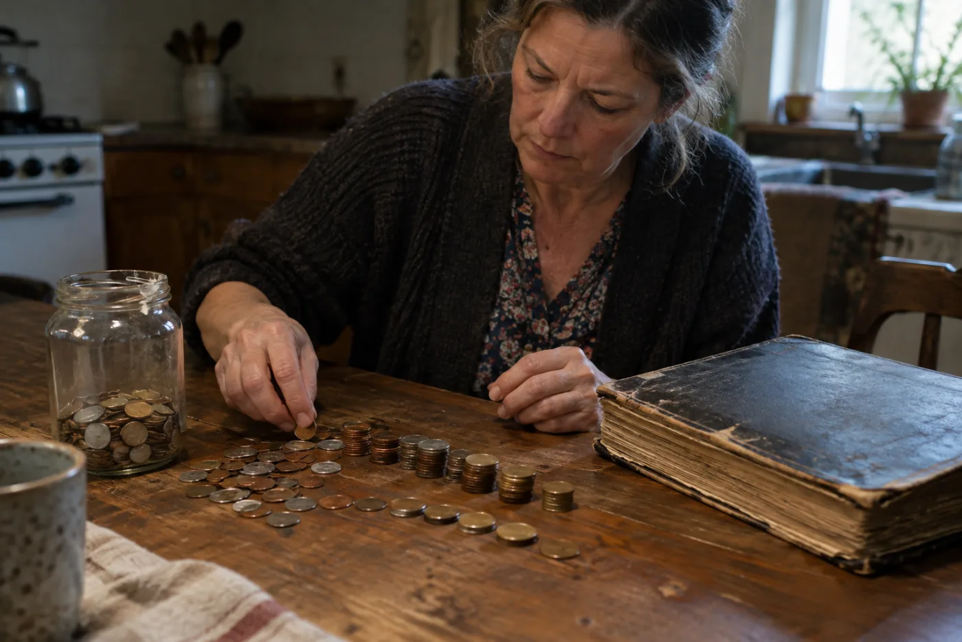 Woman sorting coins into stacks on a kitchen table beside an old ledger
