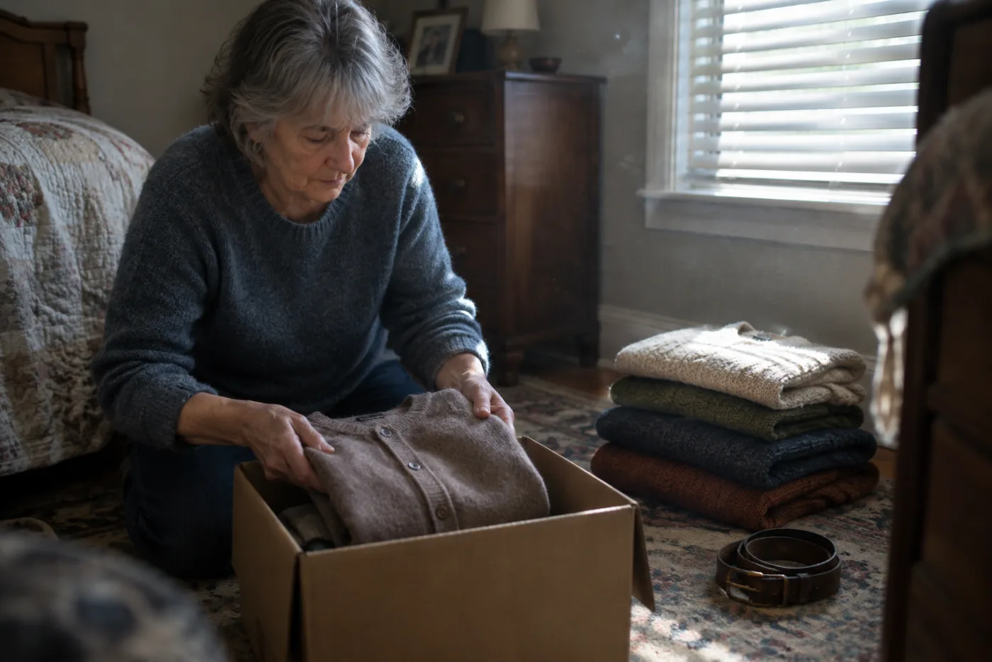 Woman packing a deceased parent's clothes into boxes in a bedroom
