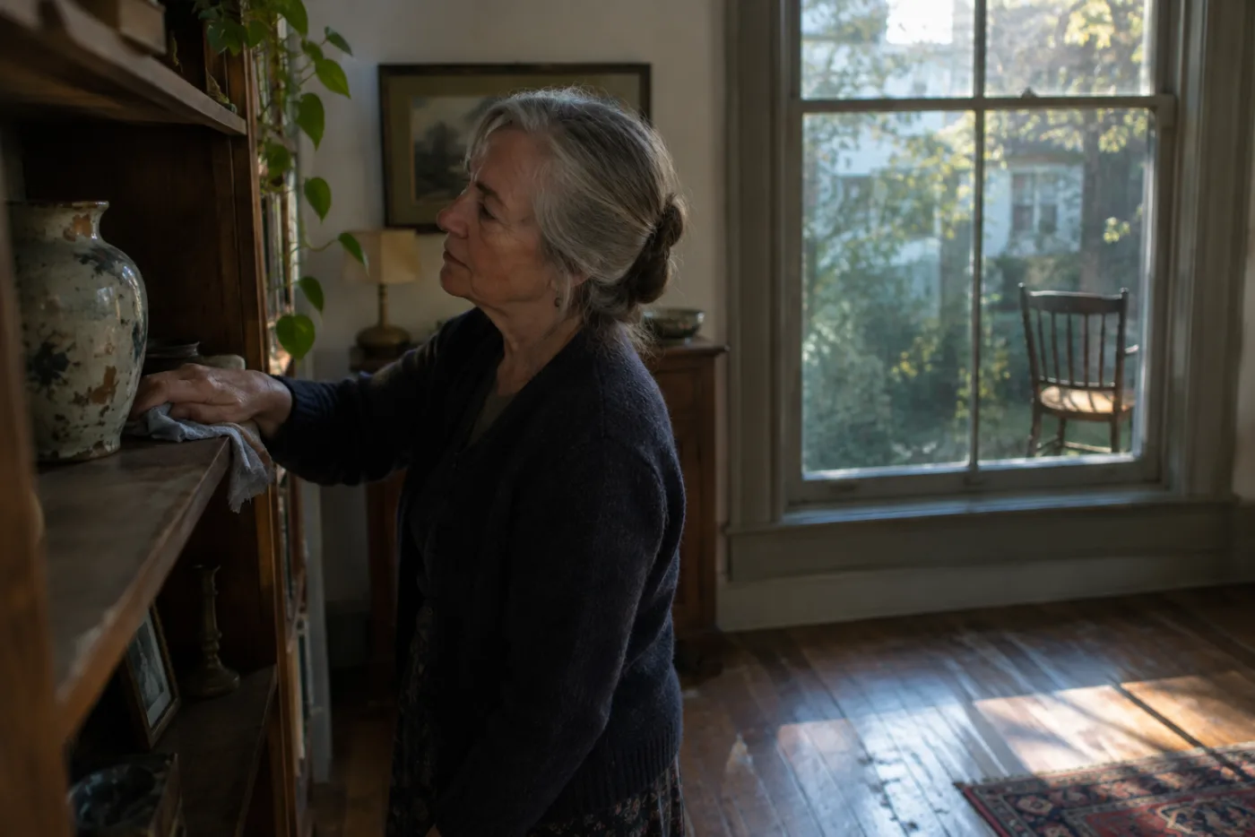 Woman dusting a shelf near an empty chair in a quiet room