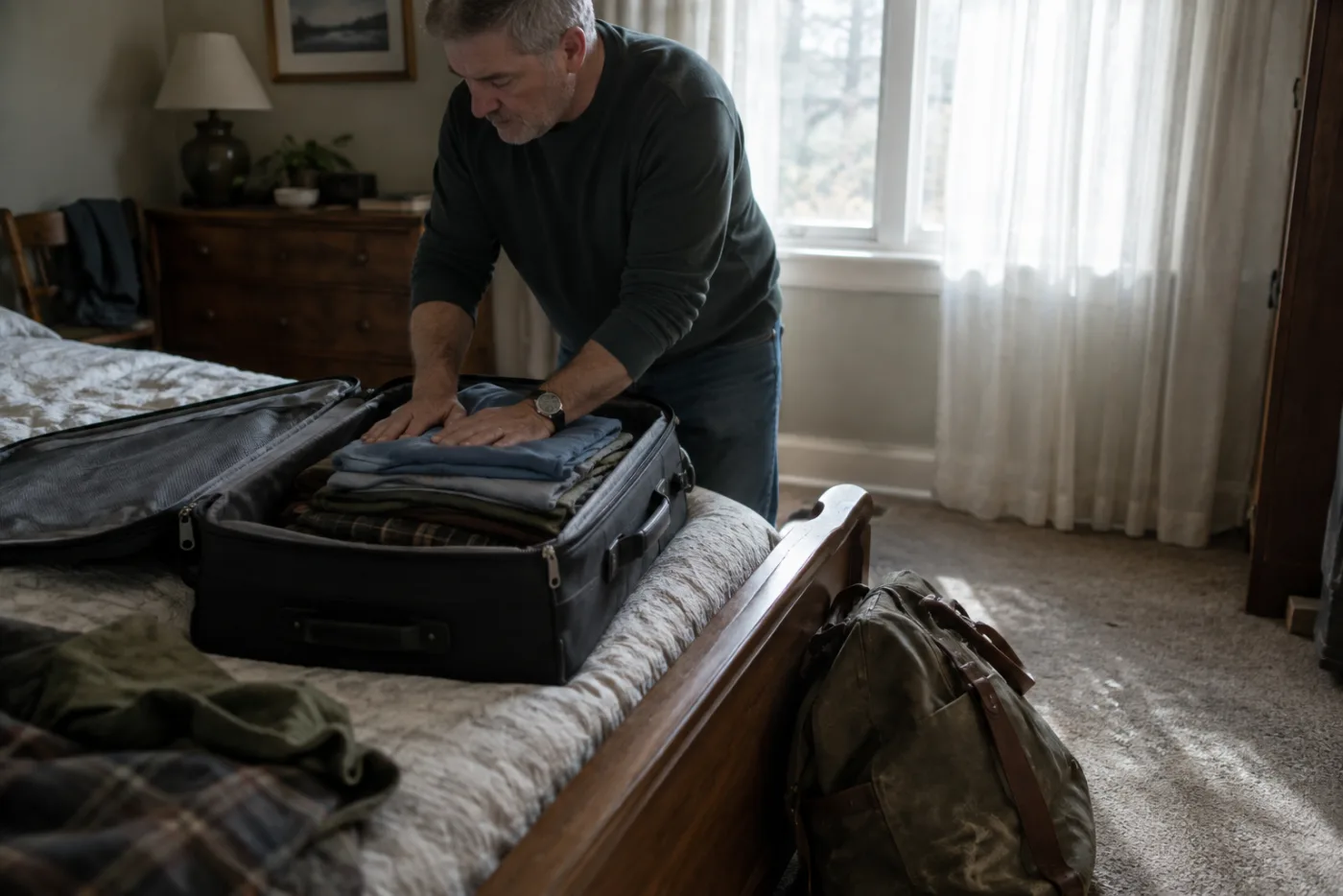 Man packing shirts into a suitcase on a bed